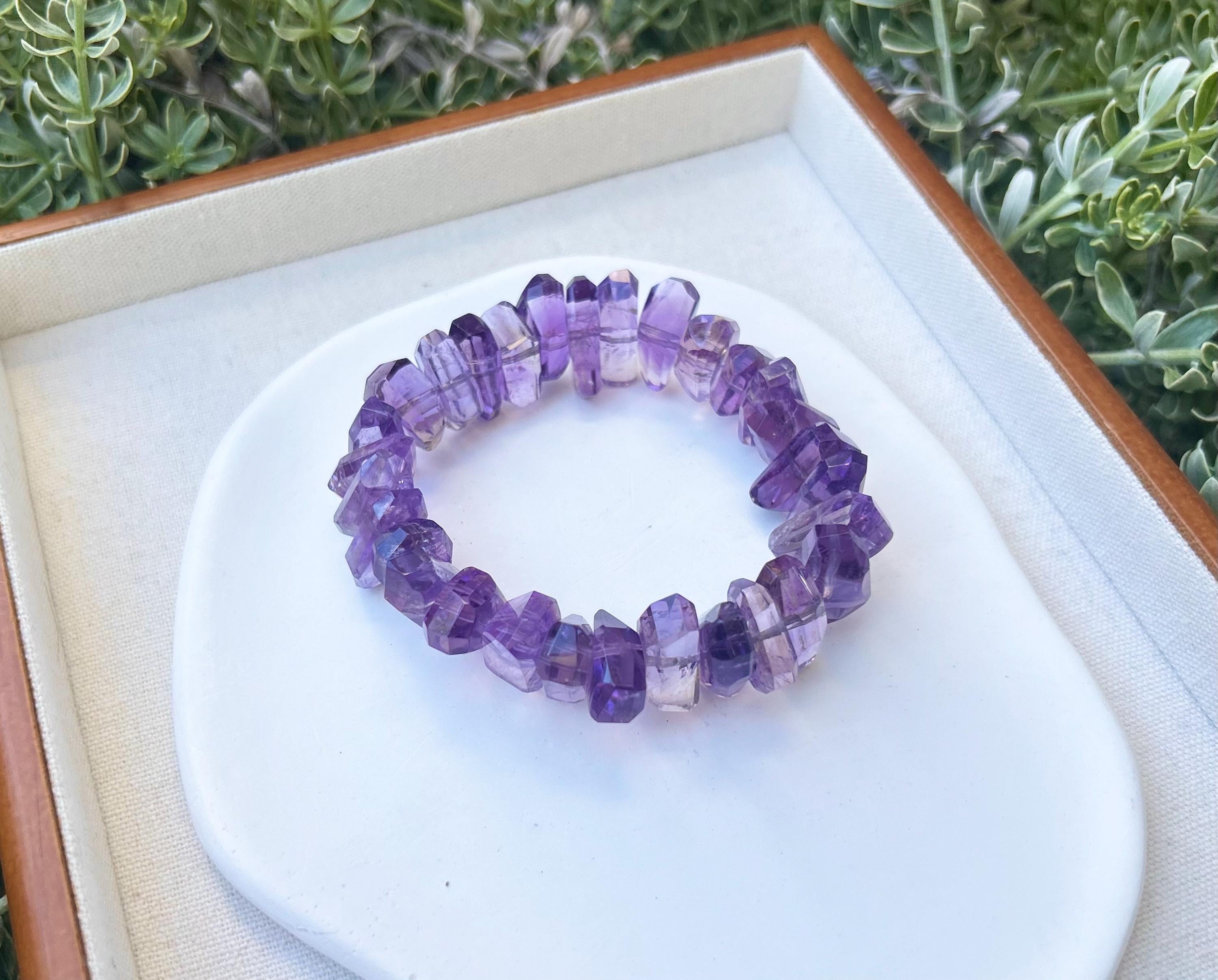 Faceted Amethyst Crystal Bead Bracelet: Stretchy Gemstone Jewelry, Fits up to 17cm wrist (GH-015)