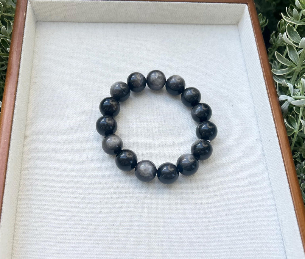 Chunky Silver Obsidian Bead Bracelet: Stretchy Gemstone Jewelry, 14mm beads, (25-136)