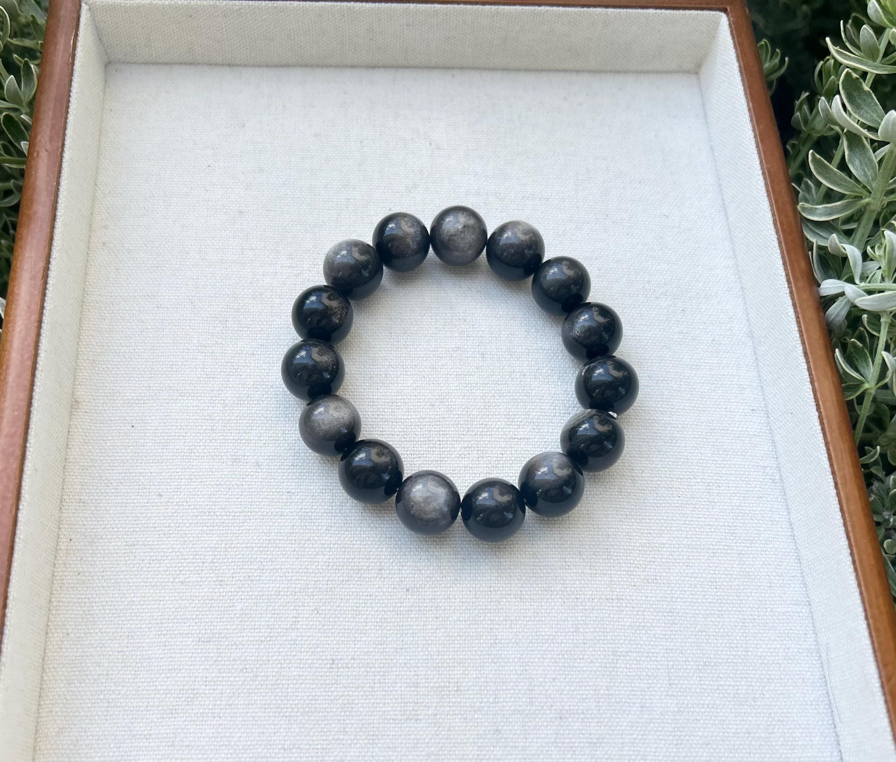 Chunky Silver Obsidian Bead Bracelet: Stretchy Gemstone Jewelry, 14mm beads, (25-136)