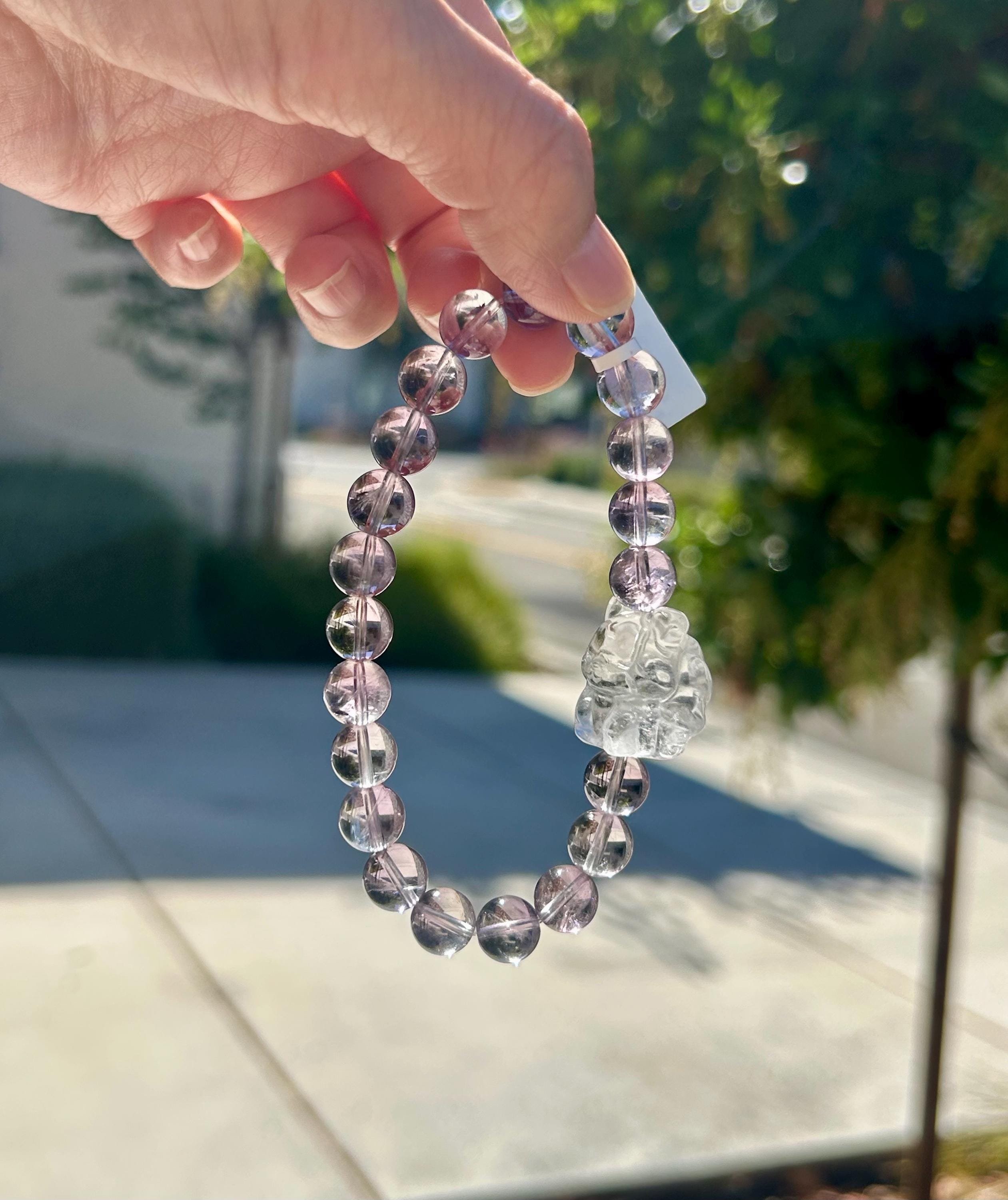 Clear Natural amethyst beads bracelet featuring a crystal carved fox, Amethyst Crystal Stretchy Bracelet (26-154)