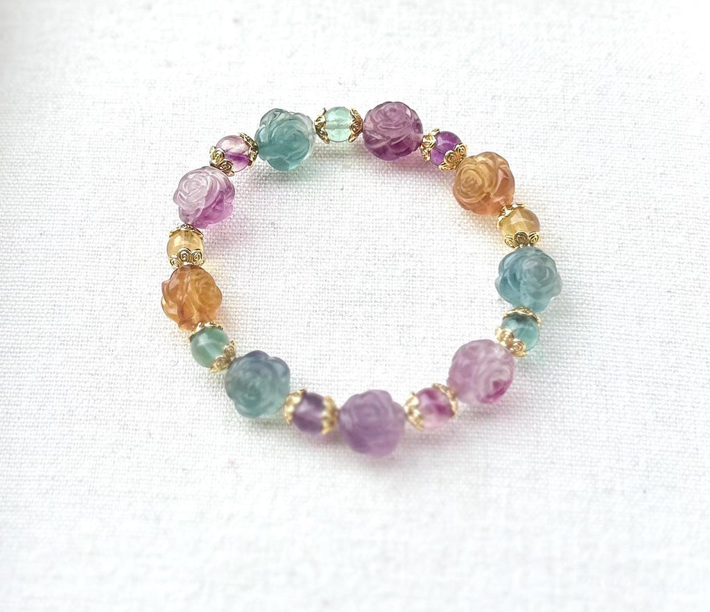 Hand Carved Fluorite Rose Bracelet: Natural Crystal Stone (26-077)