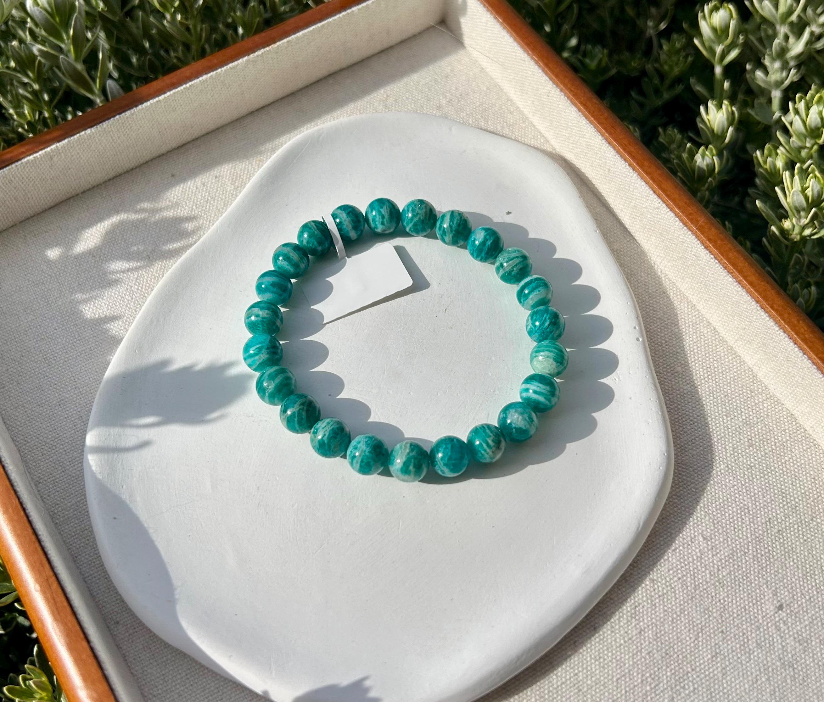 Natural Amazonite Gemstone Bracelet: Stretchy Crystal Healing Beads, fits up to 17.5cm wrist (26-040)