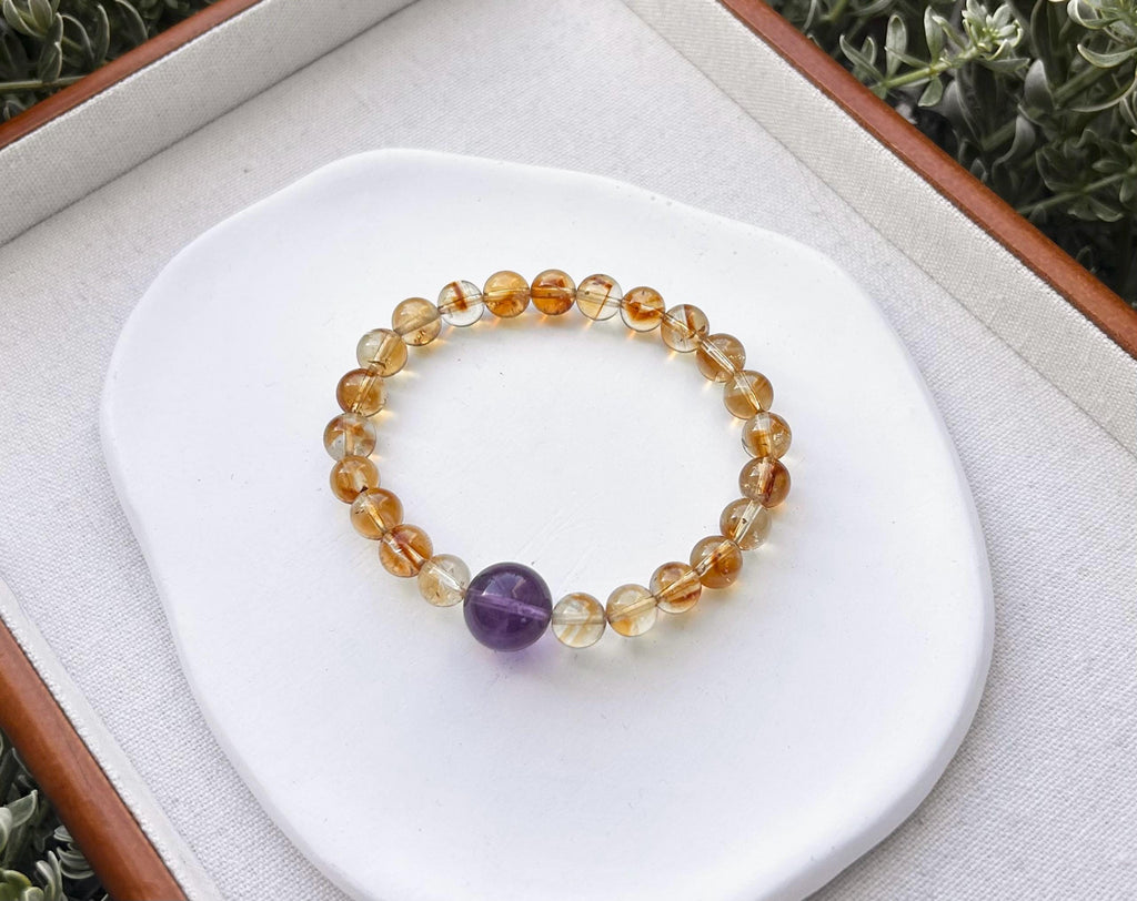 Genuine Citrine Bracelet with Amethyst Bead: Success & Abundance Crystal (25-127)