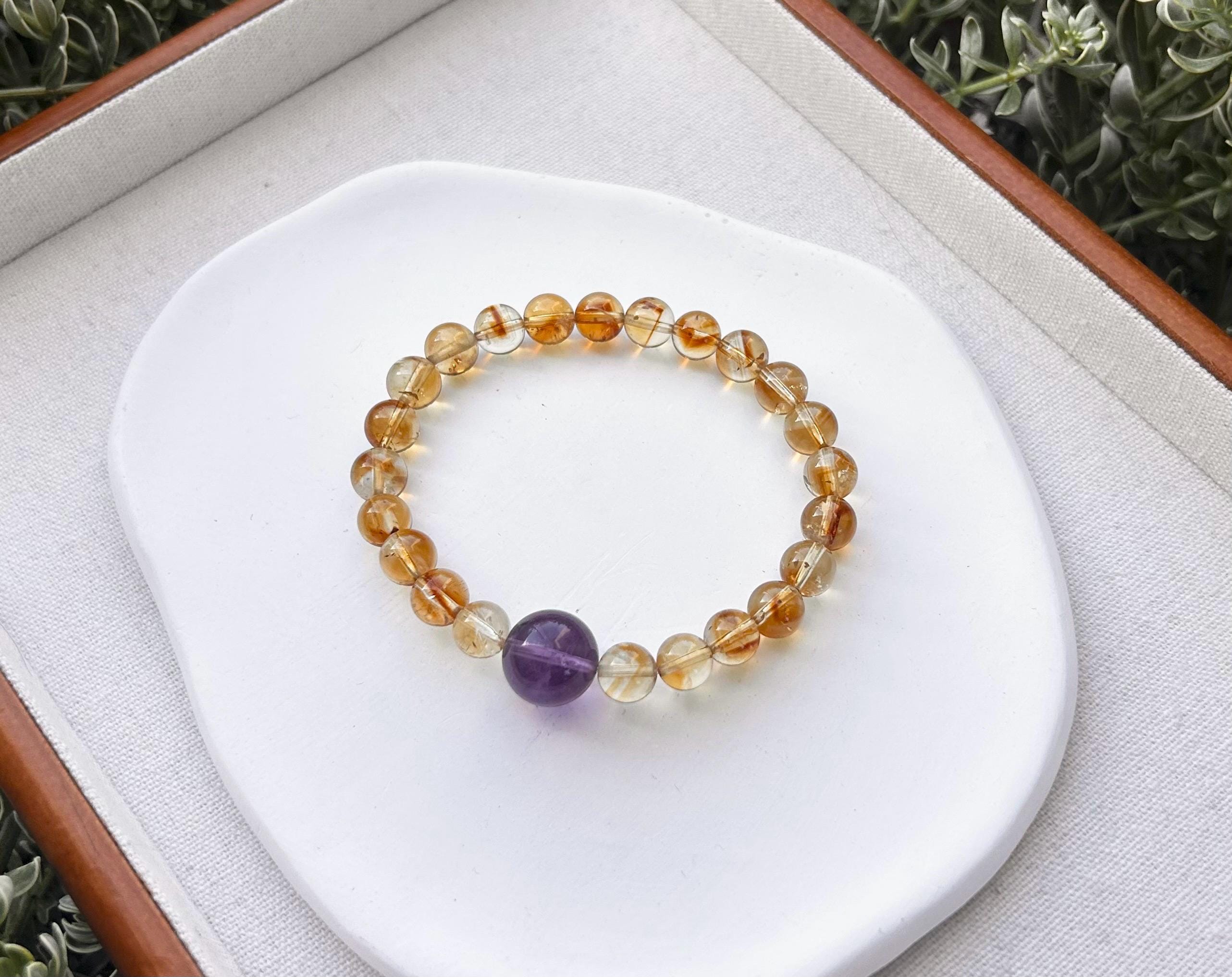 Genuine Citrine Bracelet with Amethyst Bead: Success & Abundance Crystal (25-127)