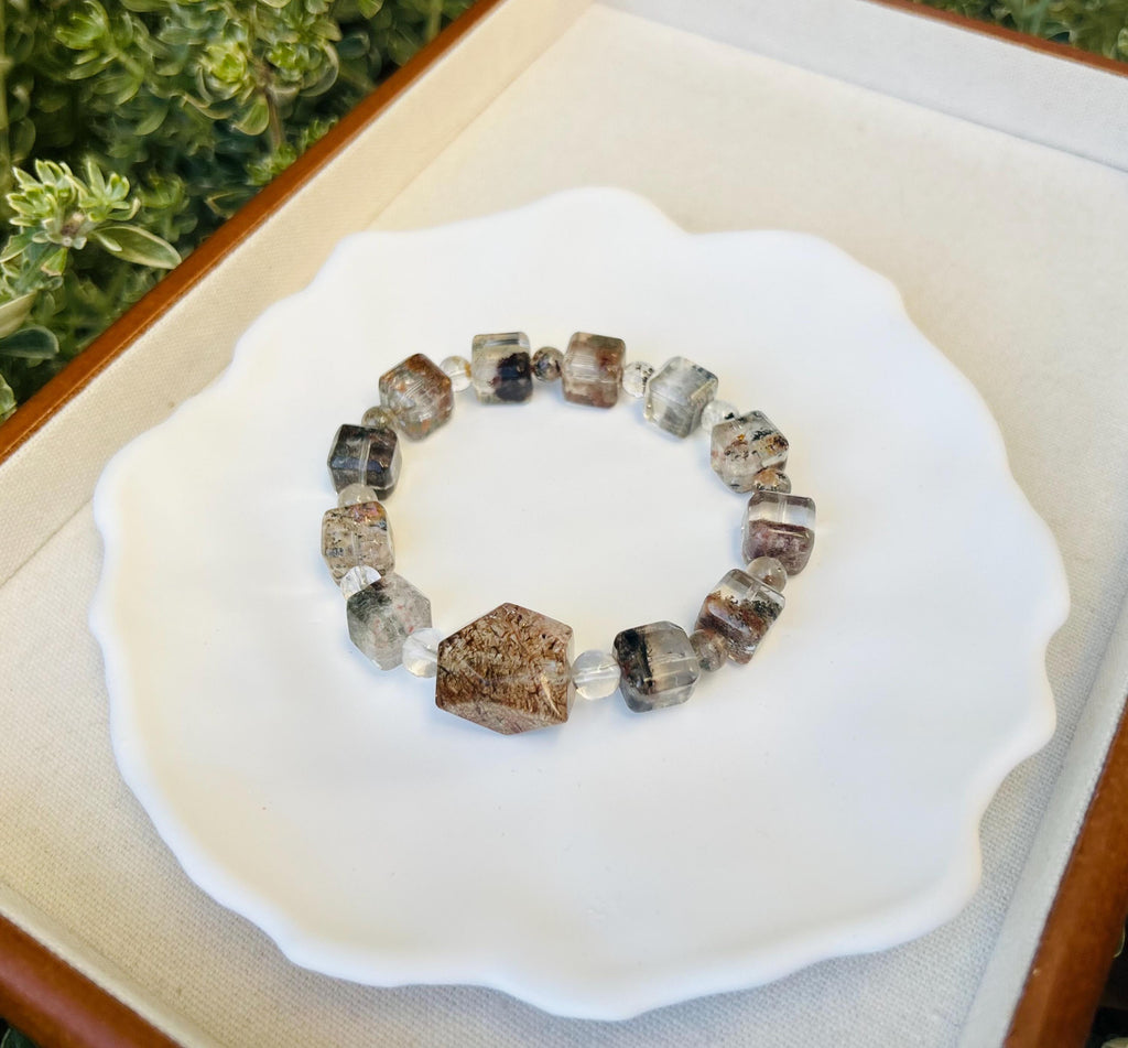 Four Season Phantom Quartz square beads with one chunky Black Gold Rutile Crystal Bracelet, fits up to 17cm wrist (25-184)