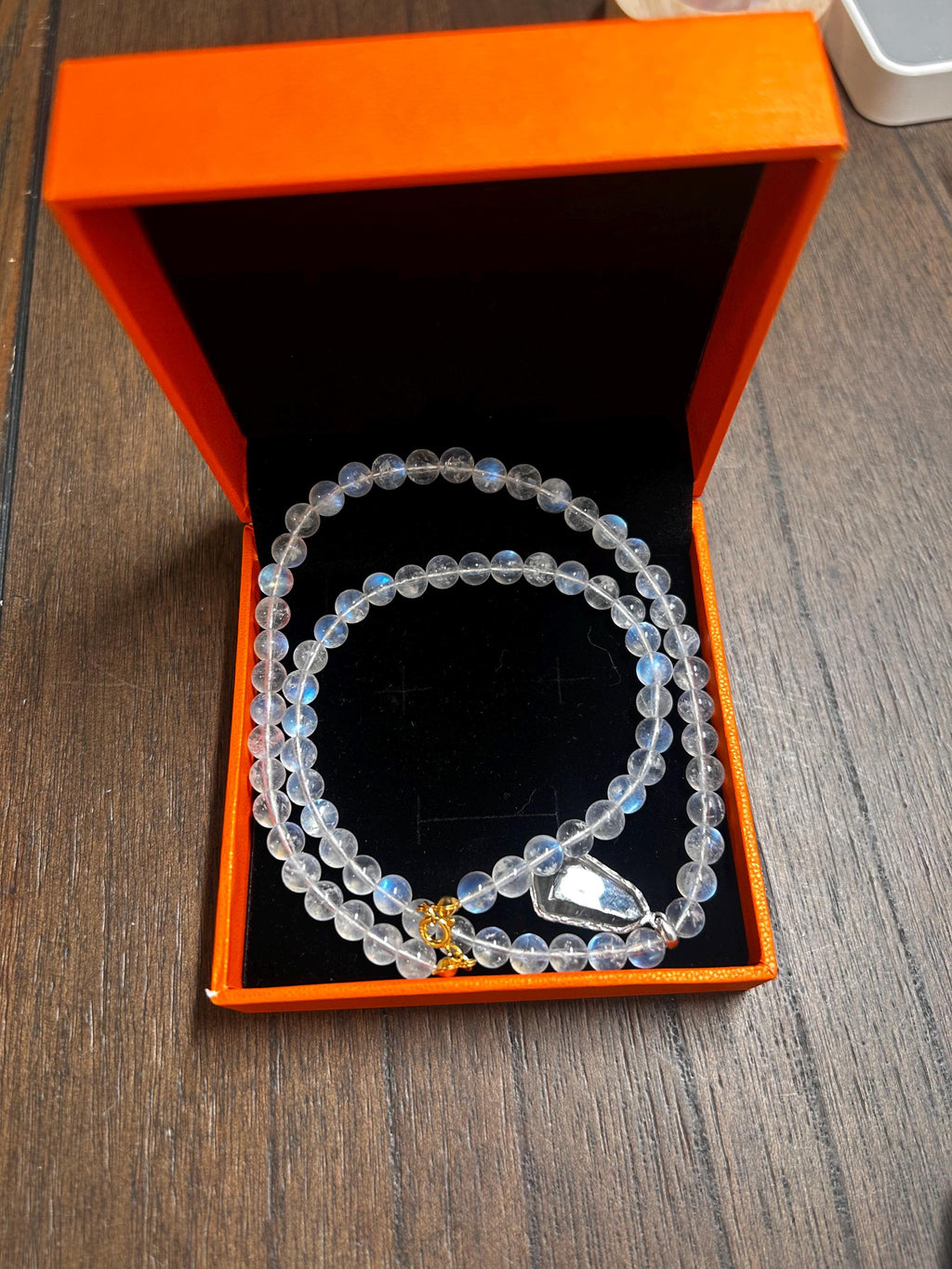 High quality blue light Moonstone beads and sterling silver accessories Necklace, Black & Silver Rutilated Quartz pendant (50cm) (GH-016)