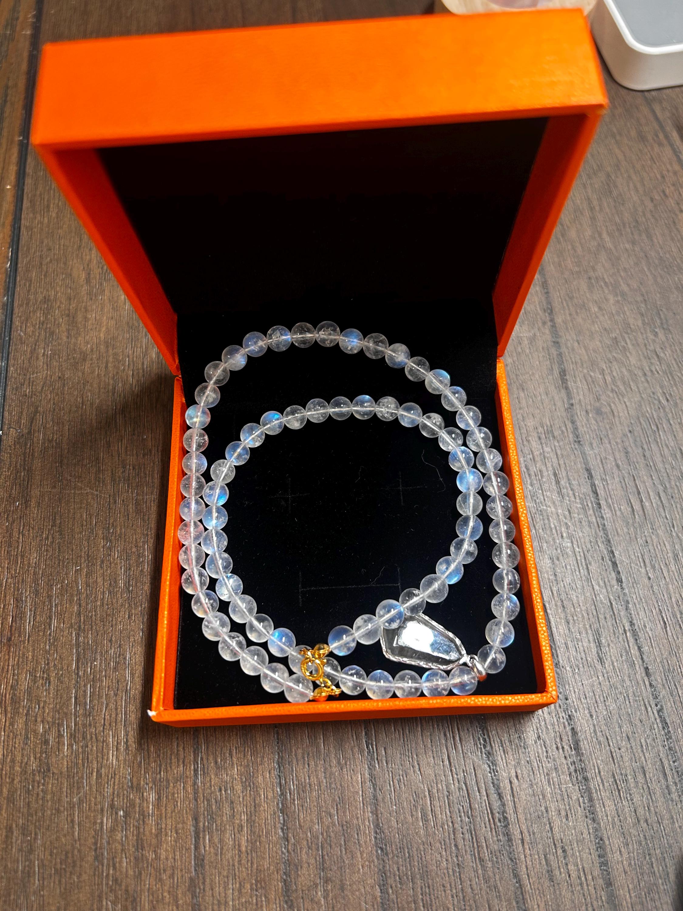 High quality blue light Moonstone beads and sterling silver accessories Necklace, Black & Silver Rutilated Quartz pendant (50cm) (GH-016)
