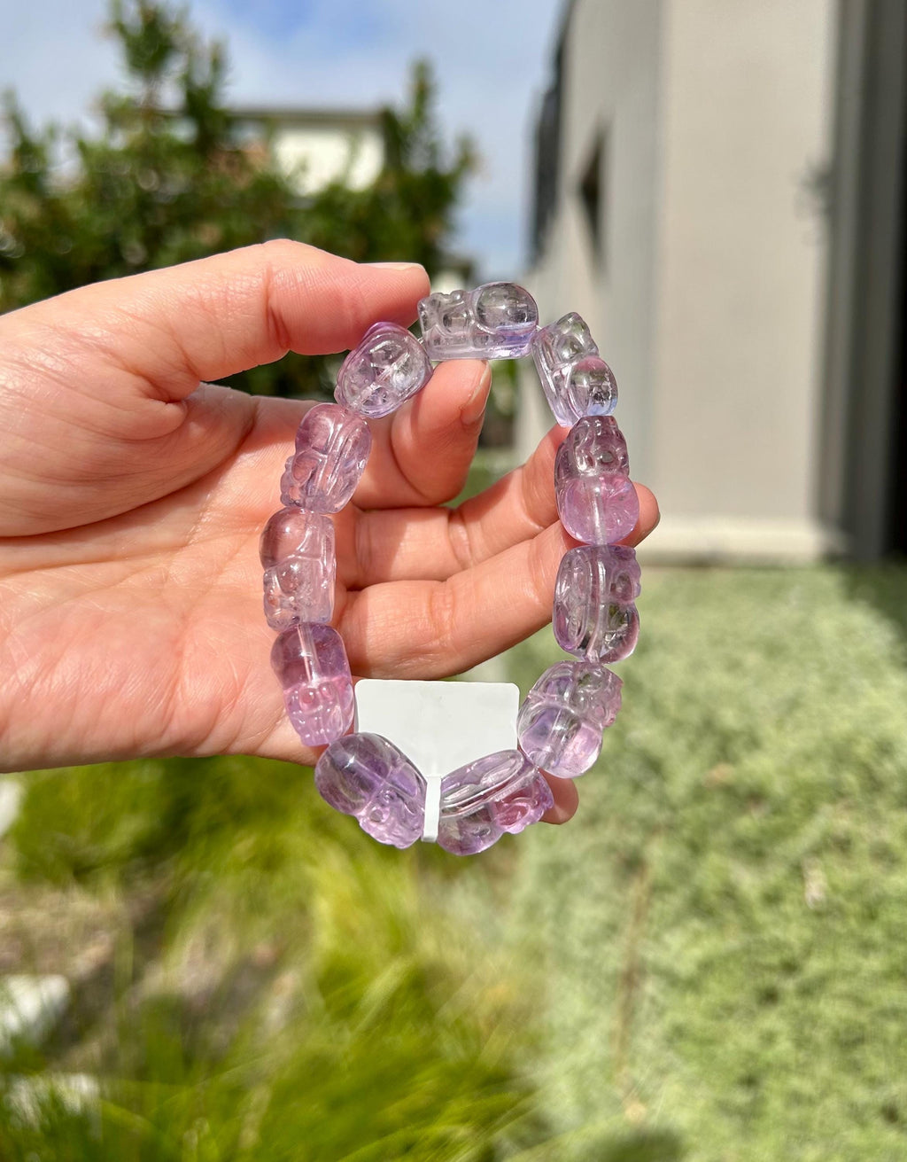 High Clarity Amethyst hand carved PiXiu Bracelet: Natural Crystal Carved Beads,fits up to 16cm wrist (26-194)