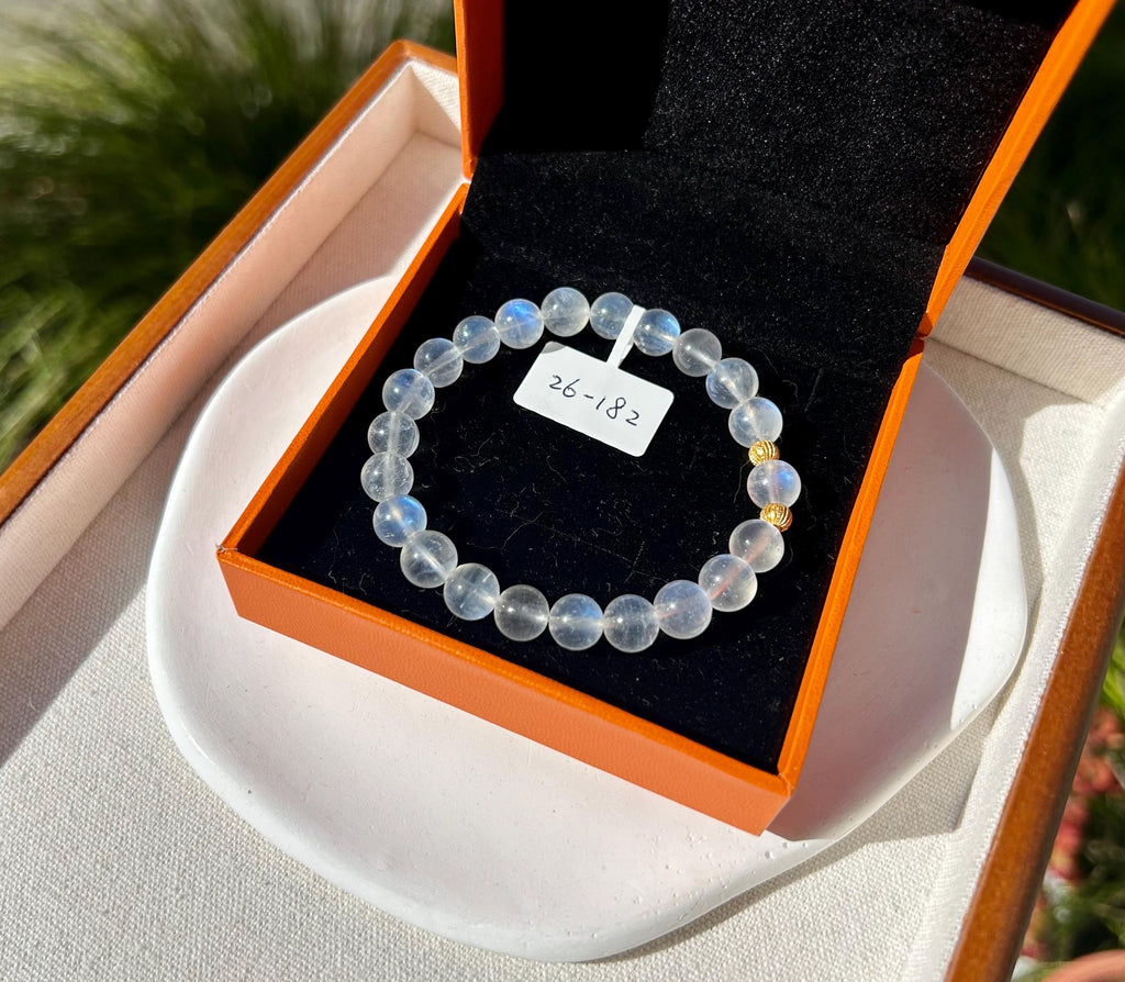 Flashy quality Natural Moonstone Crystal Bracelet with S925 beads, Fits up to 16.5cm wrist, 8mm+ Beads, (26-182)