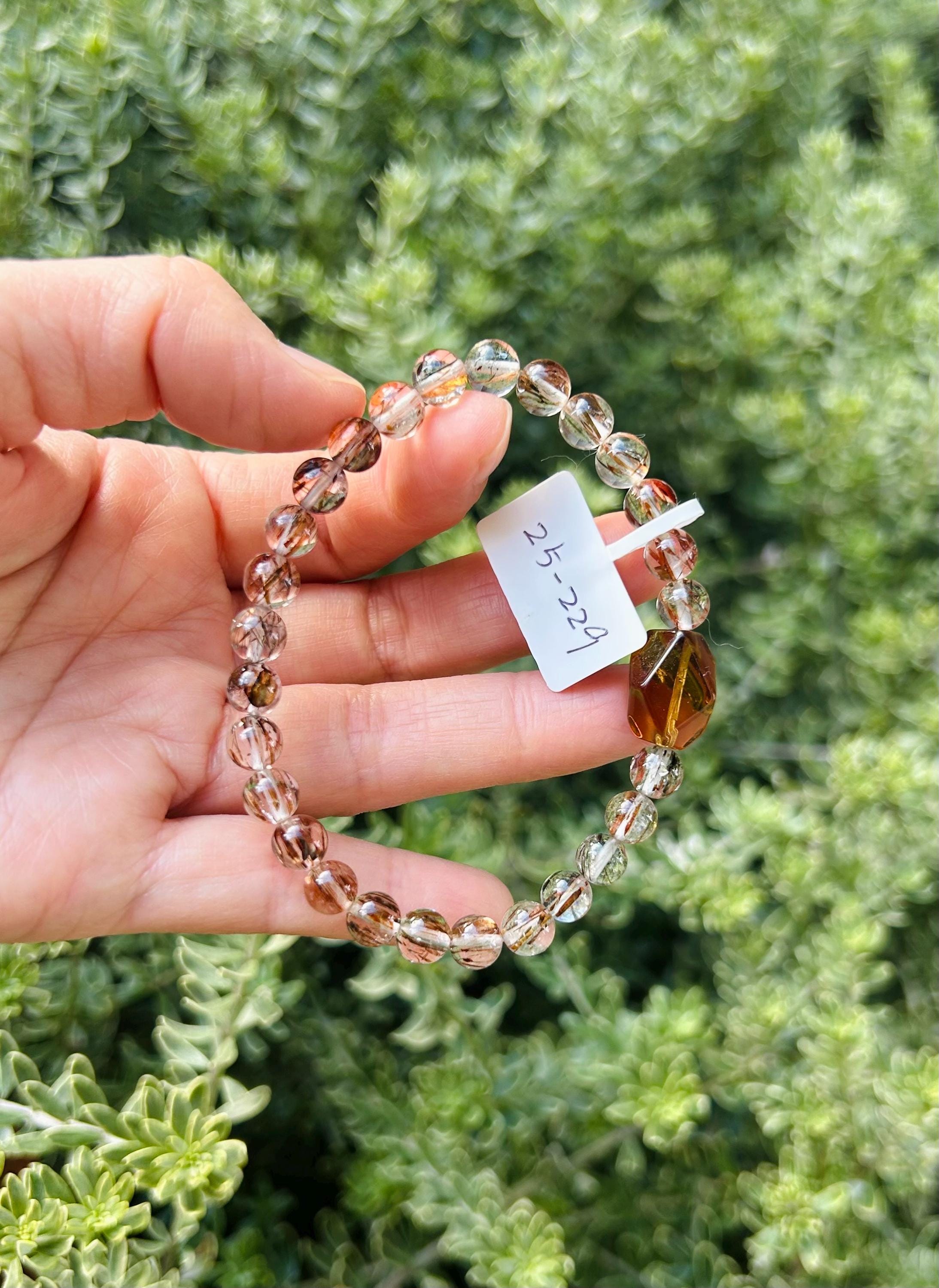 Black Gold Rutile Quartz Crystal Bead Bracelet with one citrine facet bead, Fits up to 17cm wrist (25-229)