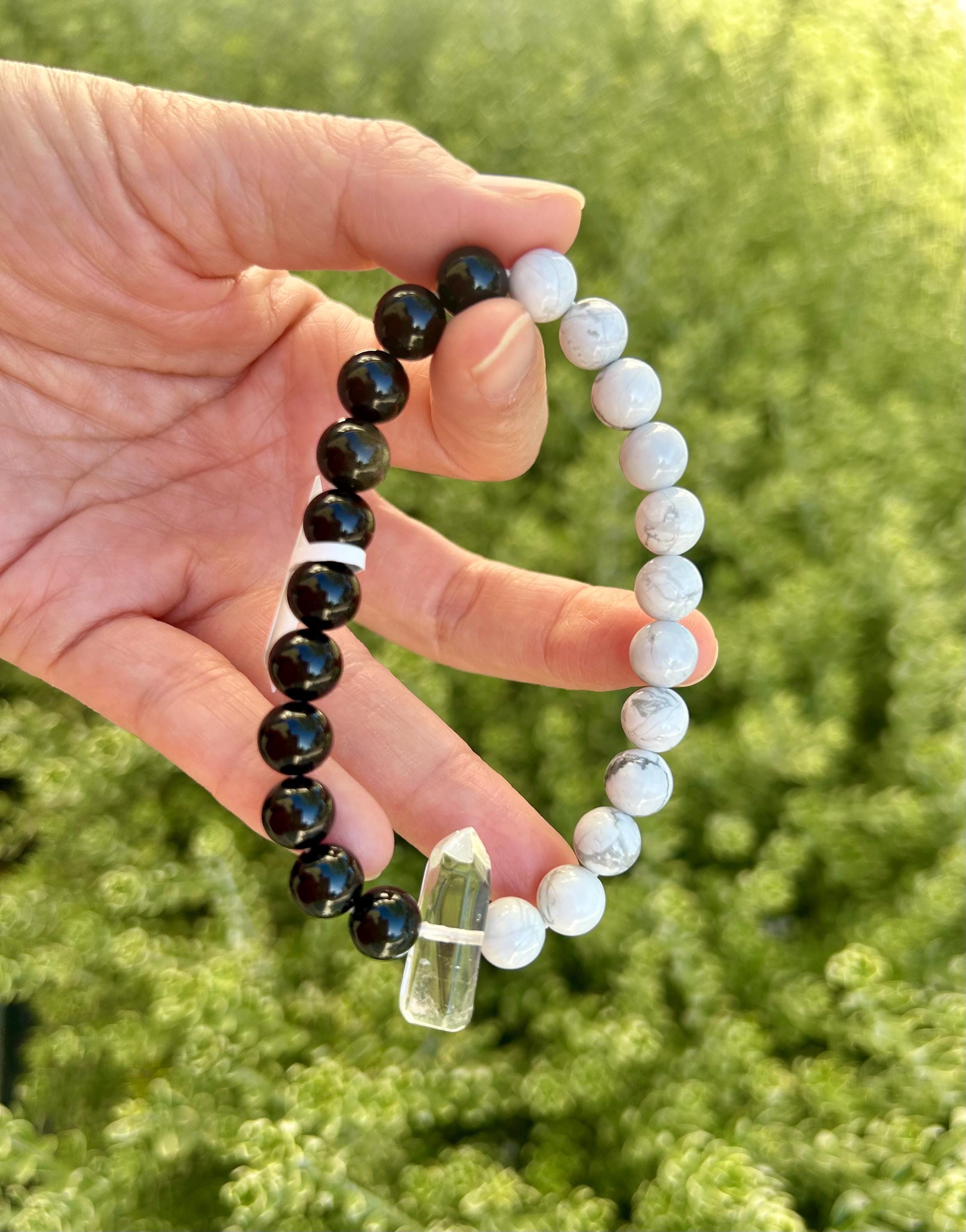Black Obsidian, White Turquoise and Clear Quartz Tower Bracelet – Protection, Purification & Luck, fits up to 17cm (26-116)