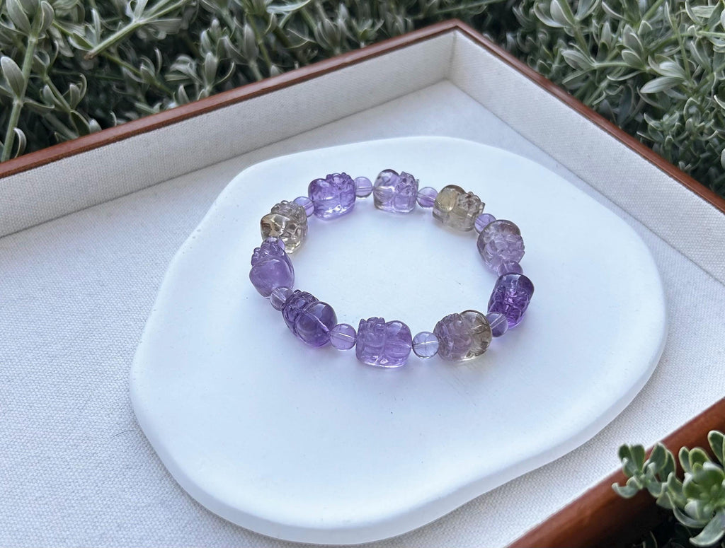 Purple and Yellow Citrine PiXiu Bracelet: Natural Crystal Carved Beads  (GH-021)