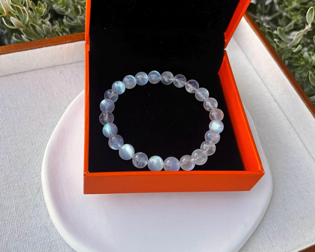 Natural Moonstone Crystal Bracelet: Blue Light Gemstone, 8mm Beads, (25-095)