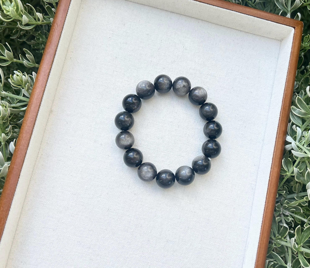 Chunky Silver Obsidian Bead Bracelet: Stretchy Gemstone Jewelry, 14mm beads, (25-136)