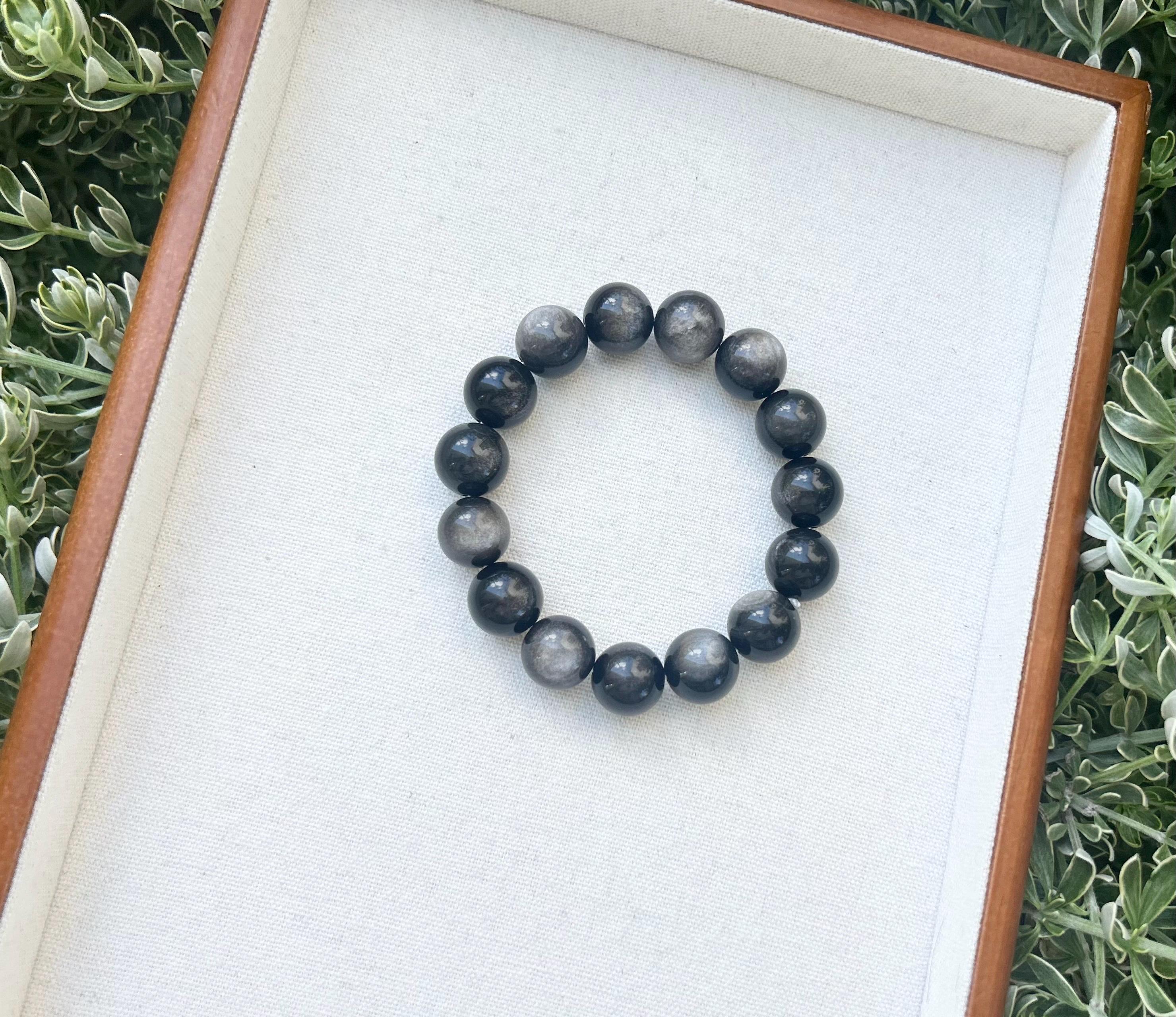 Chunky Silver Obsidian Bead Bracelet: Stretchy Gemstone Jewelry, 14mm beads, (25-136)