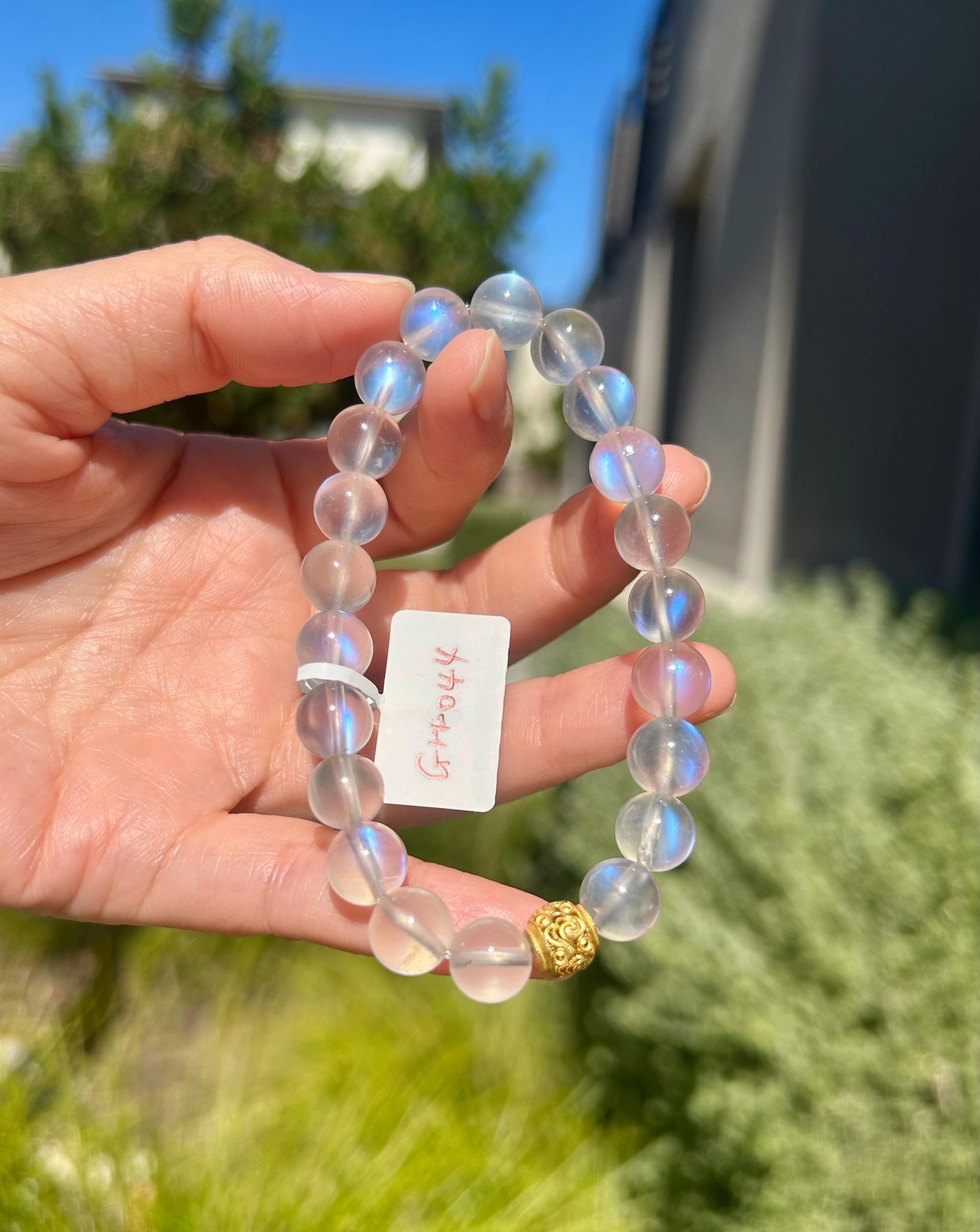 Clean Blue Flashy Natural Moonstone Crystal Bracelet with S925 bead: Blue Light Gemstone, 9mm Beads, fits up to 16.8cm wrist (GH-044)