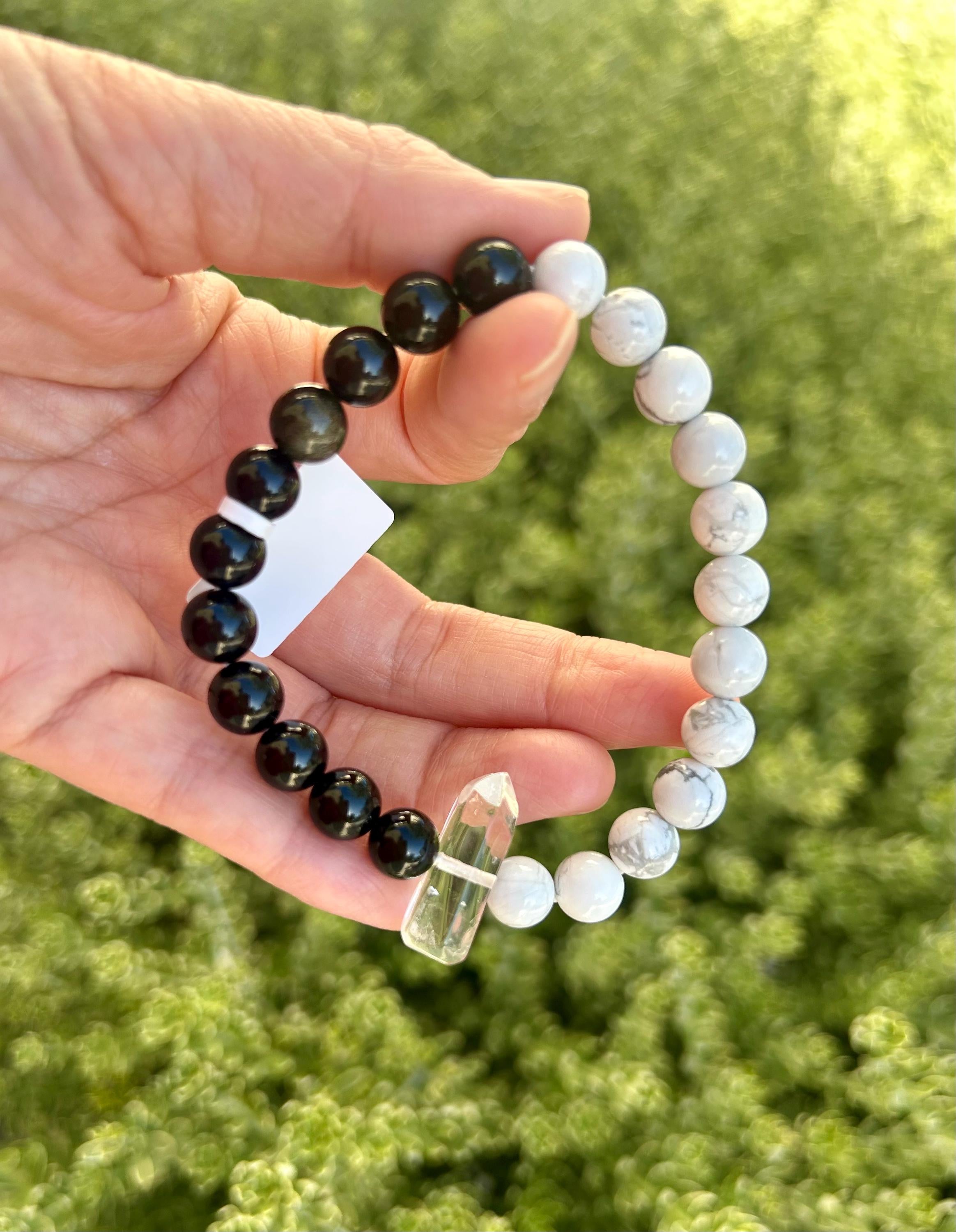 Black Obsidian, White Turquoise and Clear Quartz Tower Bracelet – Protection, Purification & Luck, fits up to 17cm (26-116)