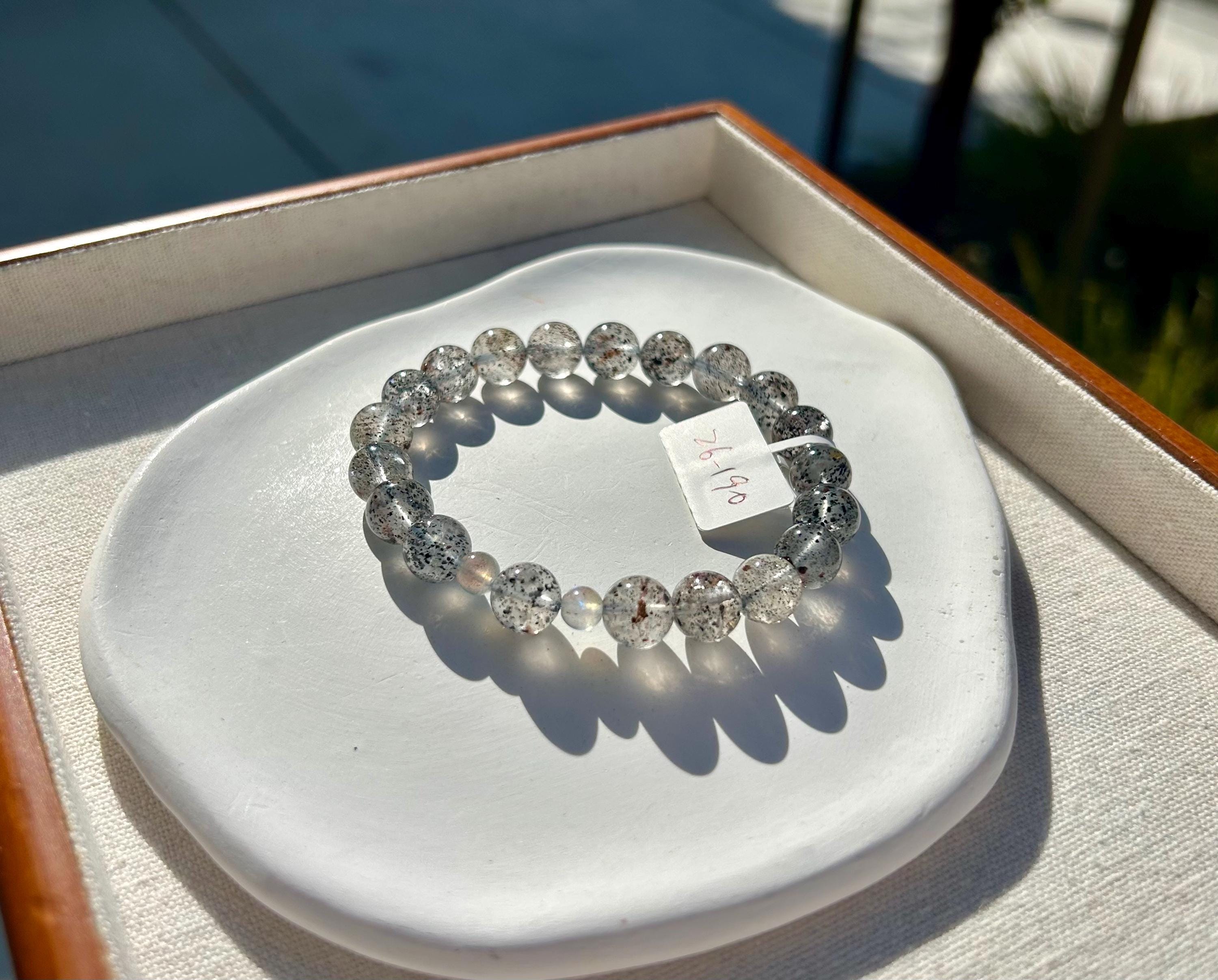 Phatom clear quartz beads with 2 small labradorite beads crystal bracelet, 9mm+ beads, fits up to 17cm wrist (26-190)
