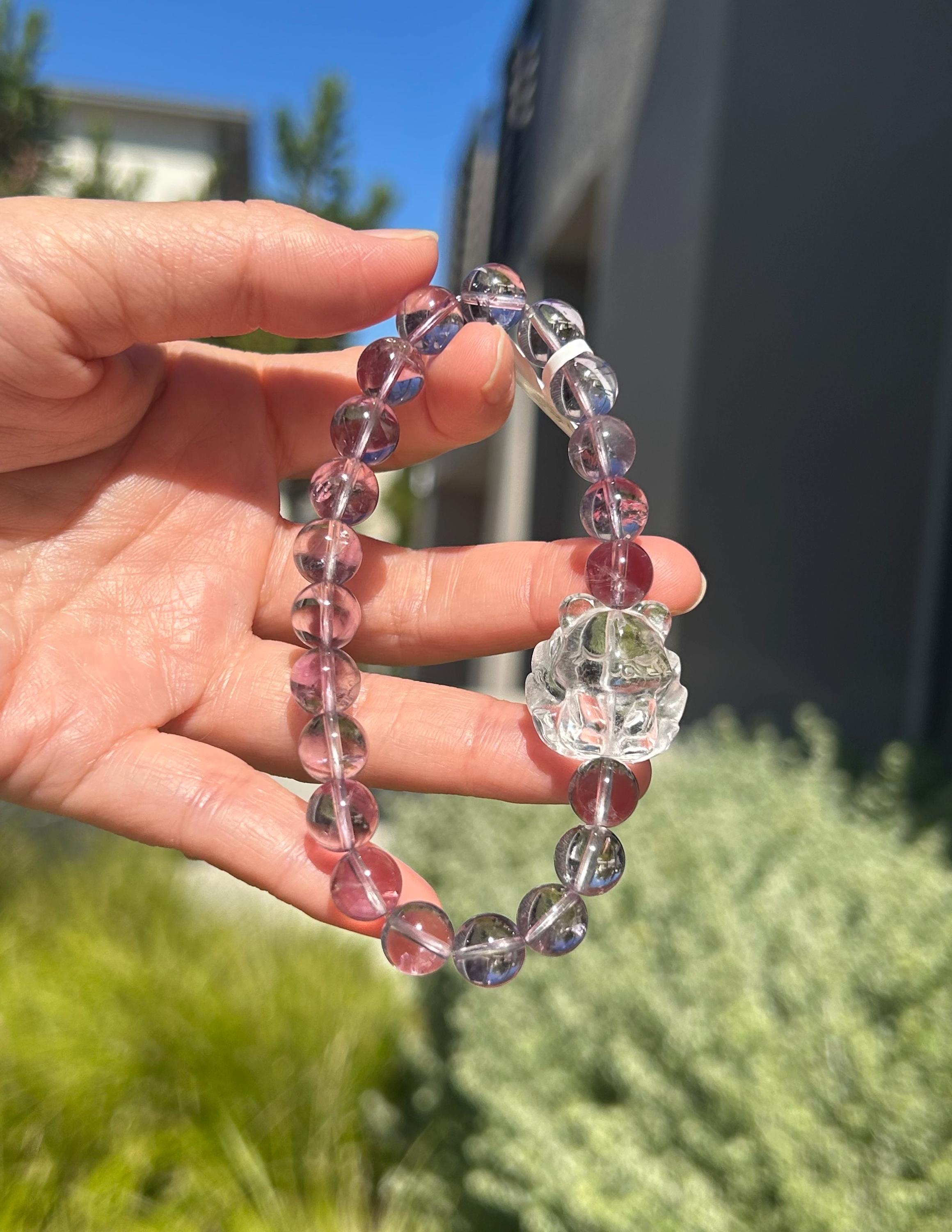 Clear Natural amethyst beads bracelet featuring a crystal carved fox, Amethyst Crystal Stretchy Bracelet (26-154)