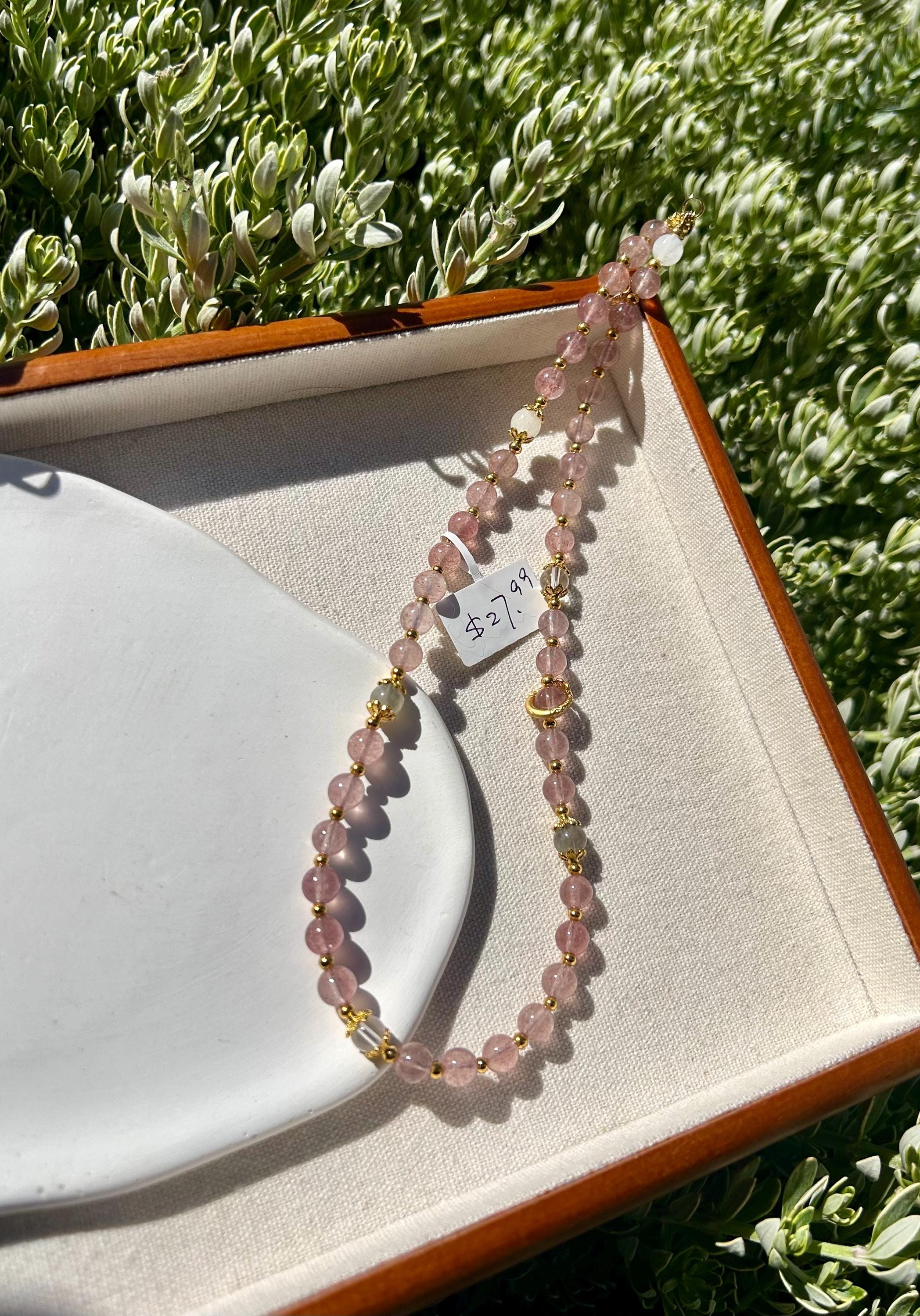 Light Pink Strawberry Quartz beads and pearl Necklace, Handmade Jewelry, Gift for Her (26-081)