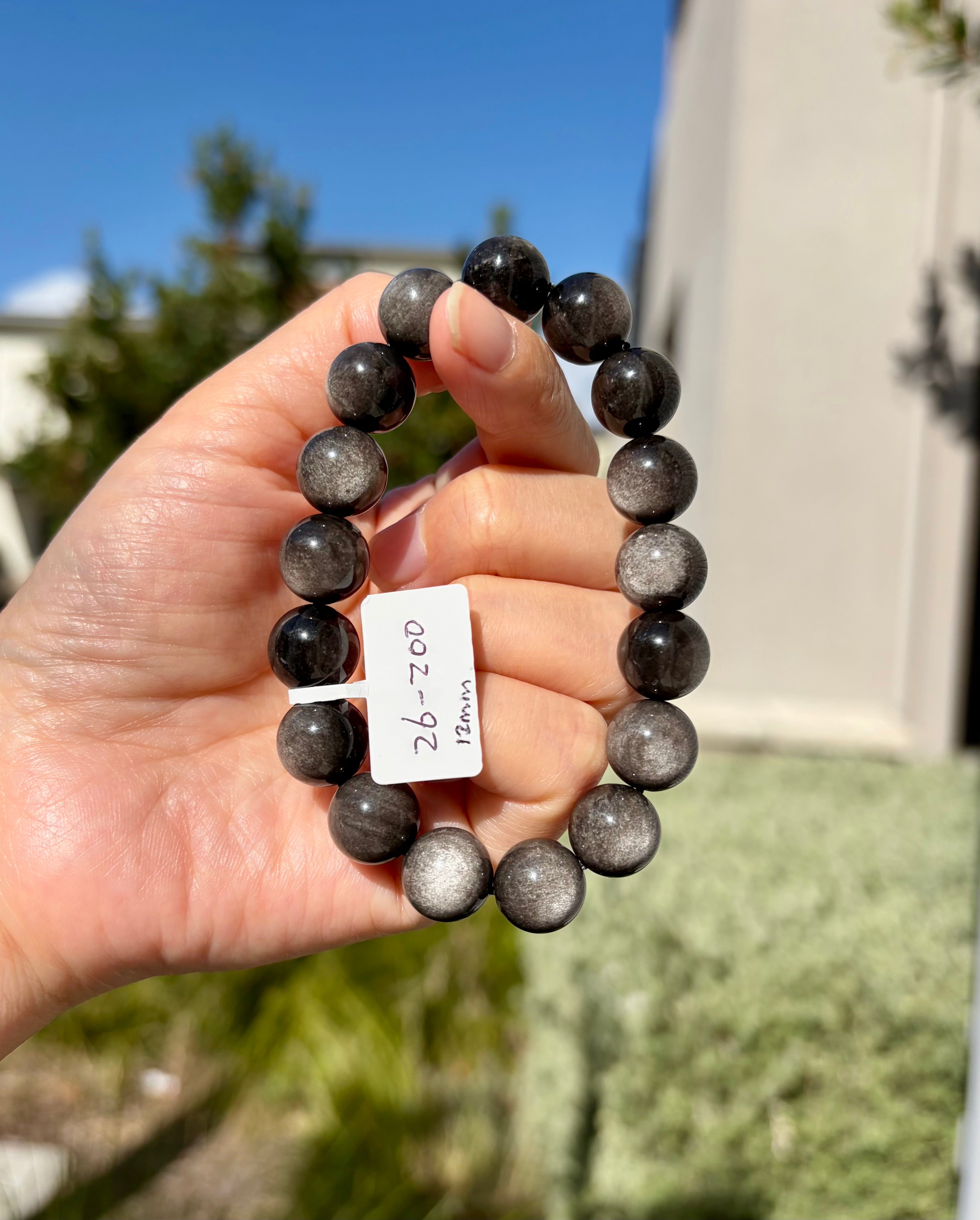 Chunky Silver Obsidian Bead Bracelet: Stretchy Gemstone Jewelry, 12mm beads, (26-200)
