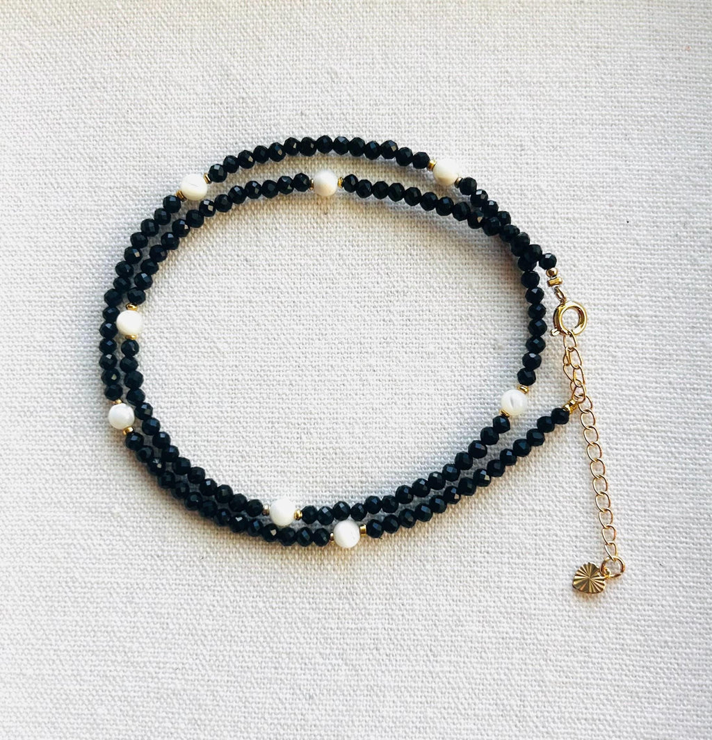 Black Spinel necklace with Gold and shell beads, August Birthstone (26-044)