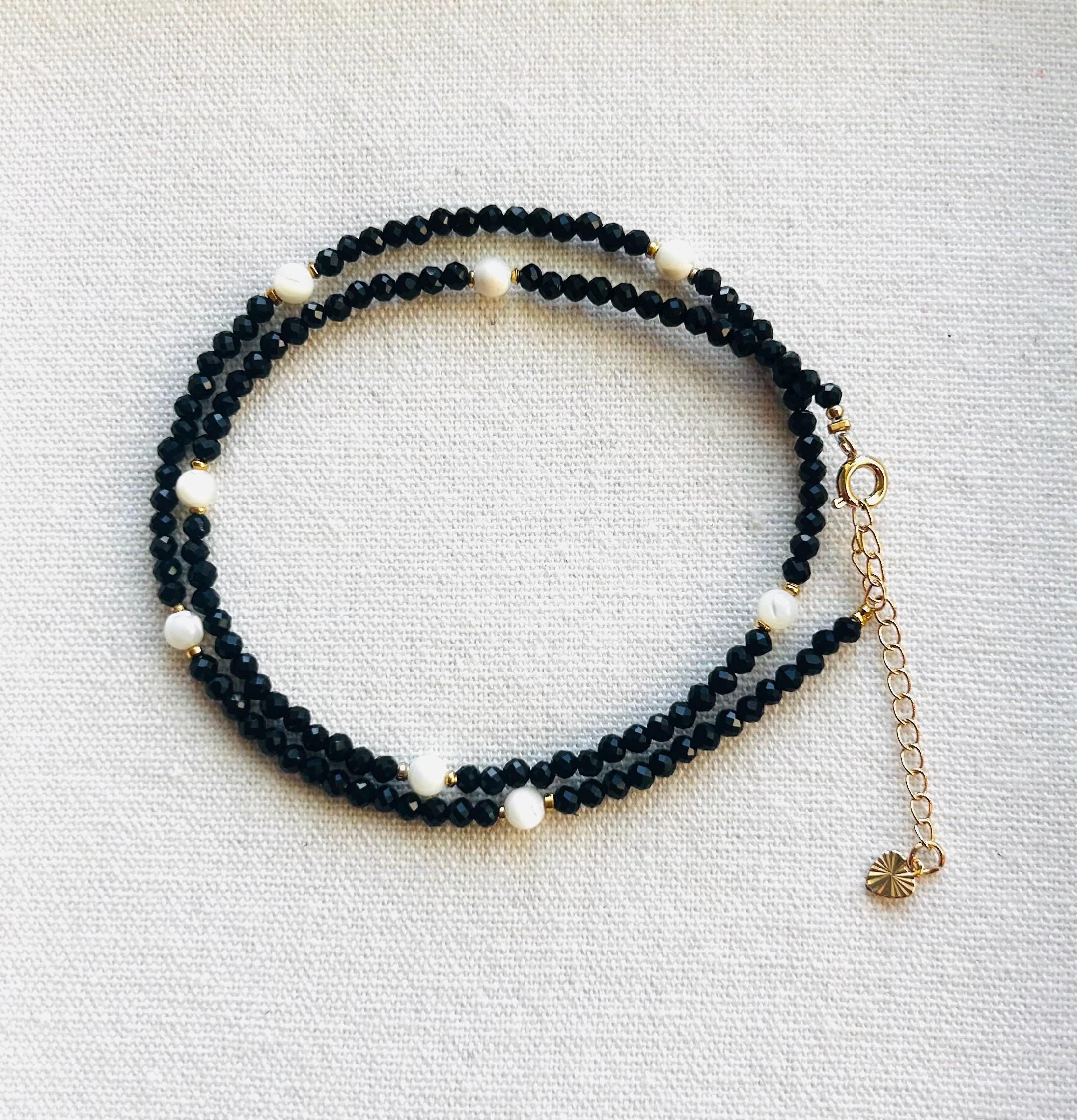 Black Spinel necklace with Gold and shell beads, August Birthstone (26-044)