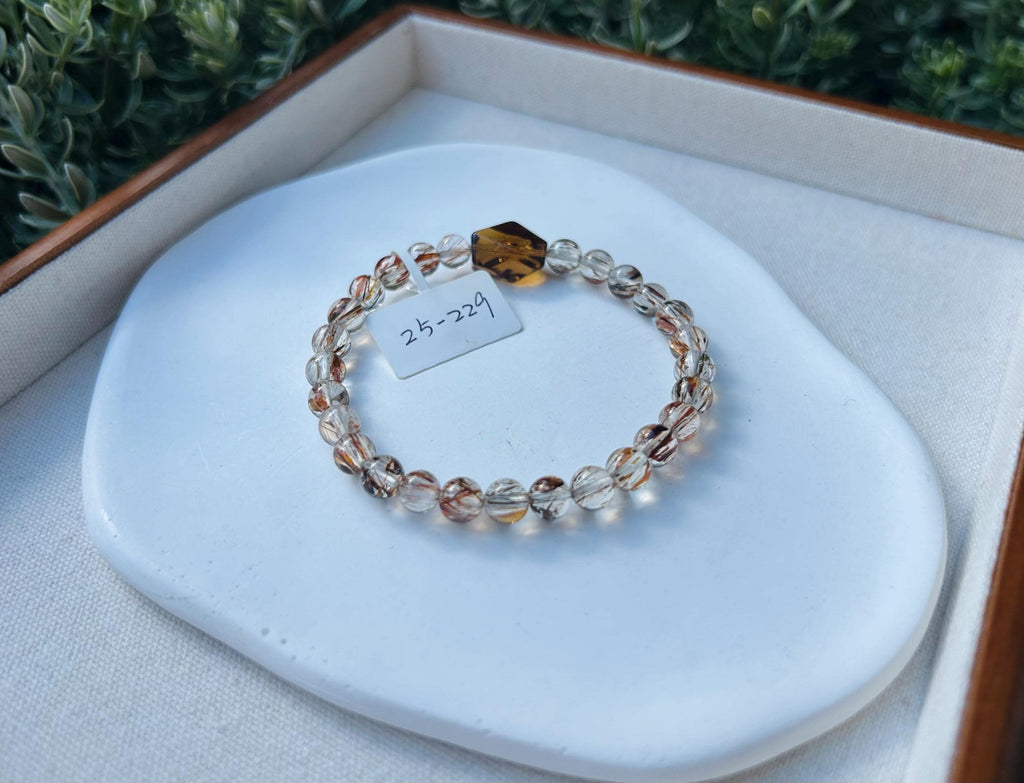 Black Gold Rutile Quartz Crystal Bead Bracelet with one citrine facet bead, Fits up to 17cm wrist (25-229)