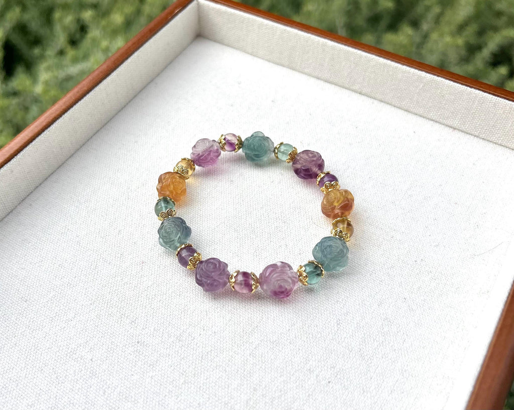 Hand Carved Fluorite Rose Bracelet: Natural Crystal Stone (26-077)