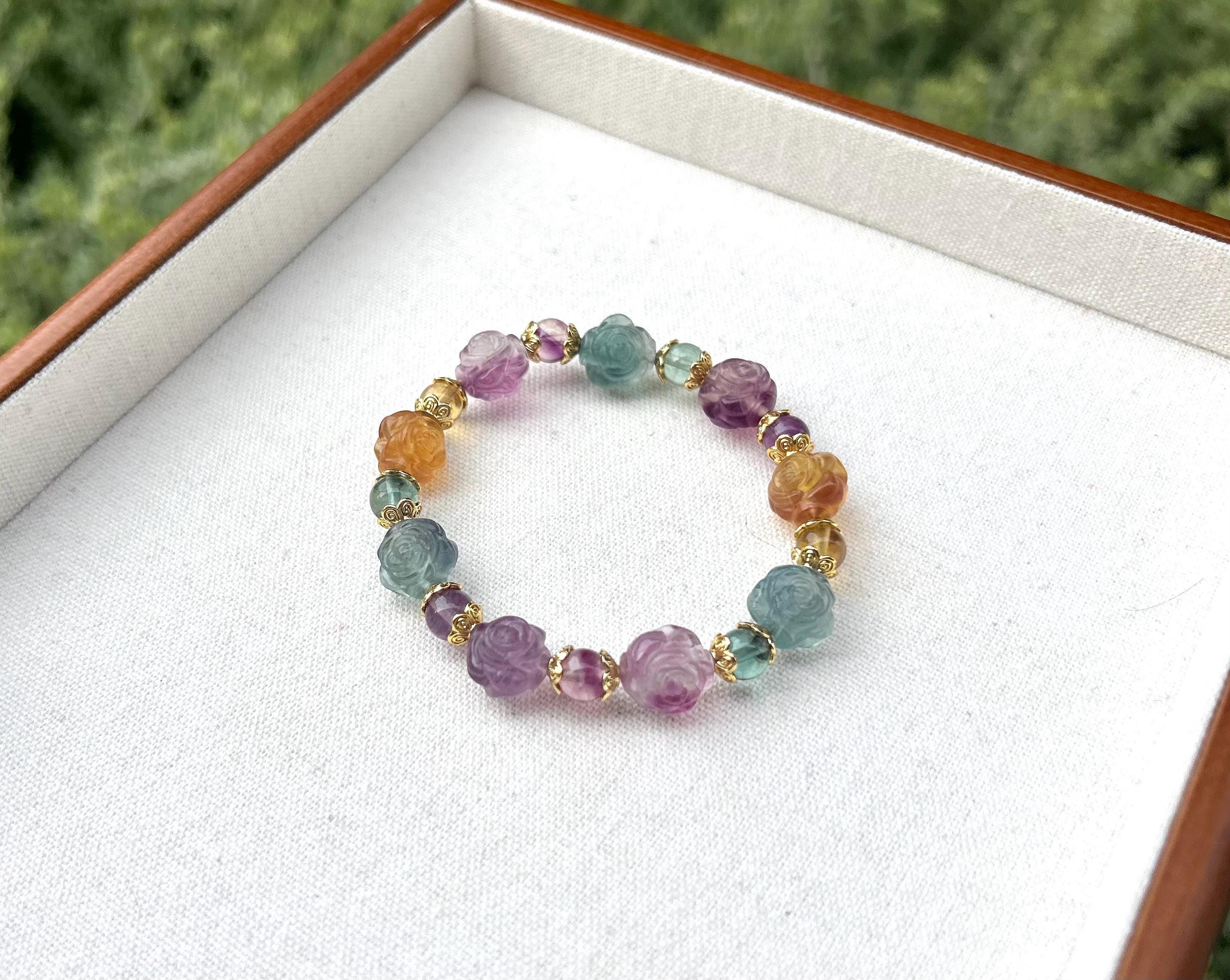 Hand Carved Fluorite Rose Bracelet: Natural Crystal Stone (26-077)