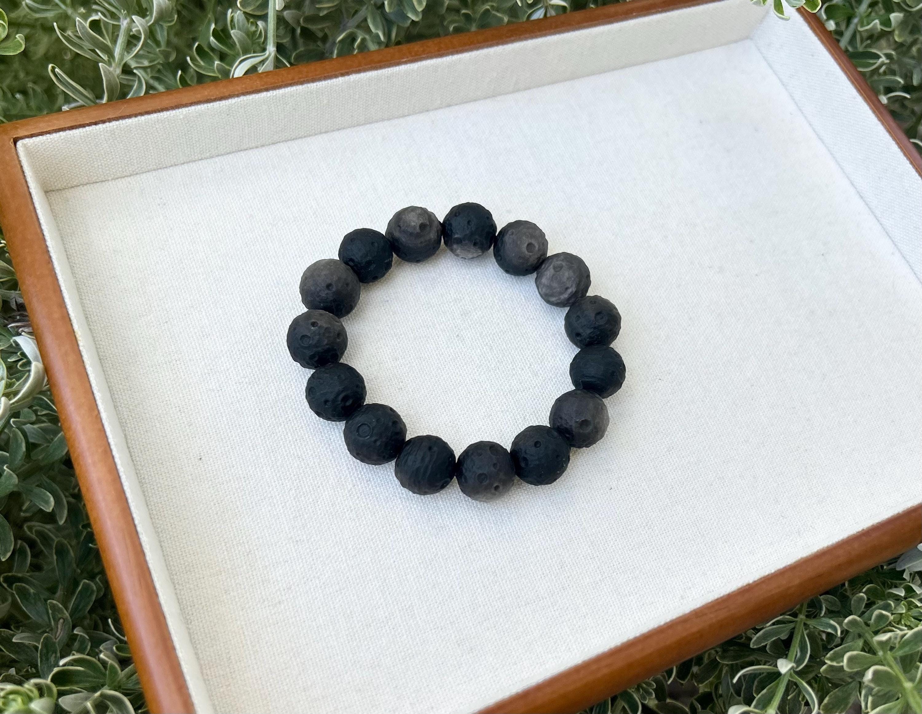 Chunky Obsidian Moon Beads bracelet - 14mm to 15mm beads, Natural Black Obsidian, Genuine Crystal Bracelet, Stretchy Beads Bracelet (26-141）