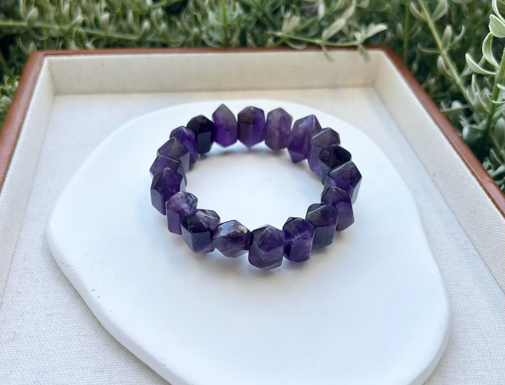 Natural double terminations amethyst bracelet (chunky), genuine crystal beads bracelet, fits up to 16cm wrist (25-075)