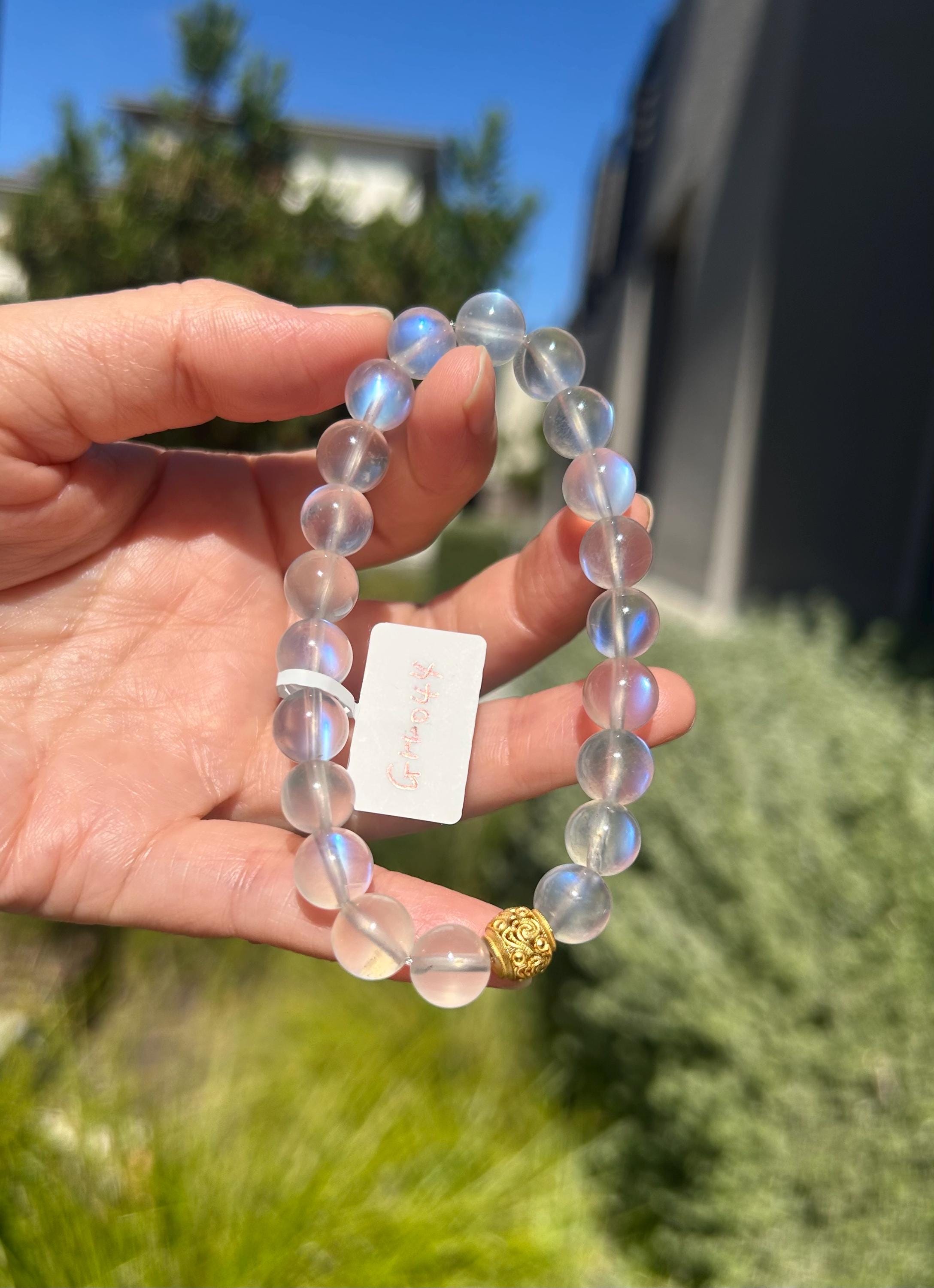 Clean Blue Flashy Natural Moonstone Crystal Bracelet with S925 bead: Blue Light Gemstone, 9mm Beads, fits up to 16.8cm wrist (GH-044)