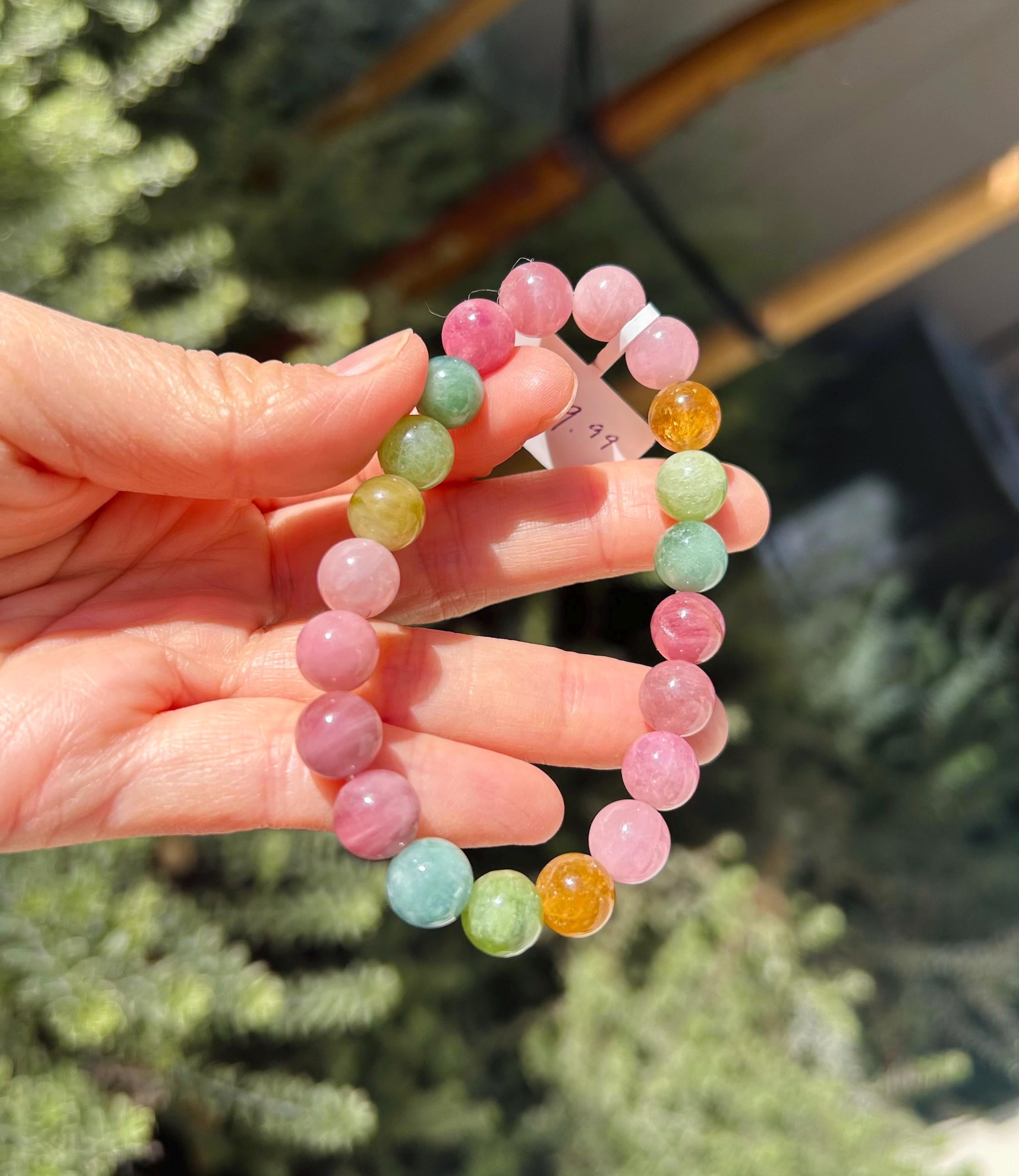Premium select, Natural Rainbow Tourmaline 9mm+ beads Bracelet, Fits up to 16cm wrist. (GH-012)