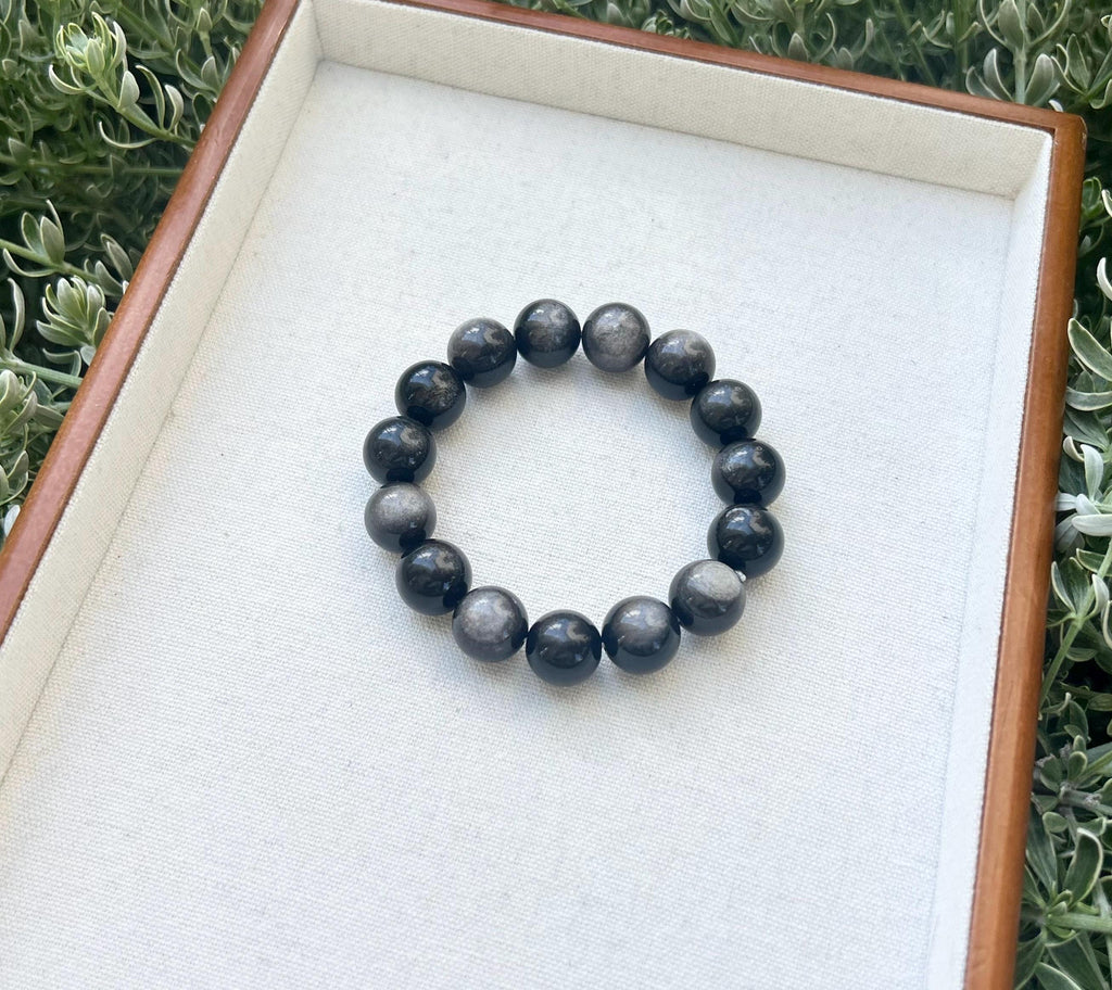 Chunky Silver Obsidian Bead Bracelet: Stretchy Gemstone Jewelry, 14mm beads, (25-136)