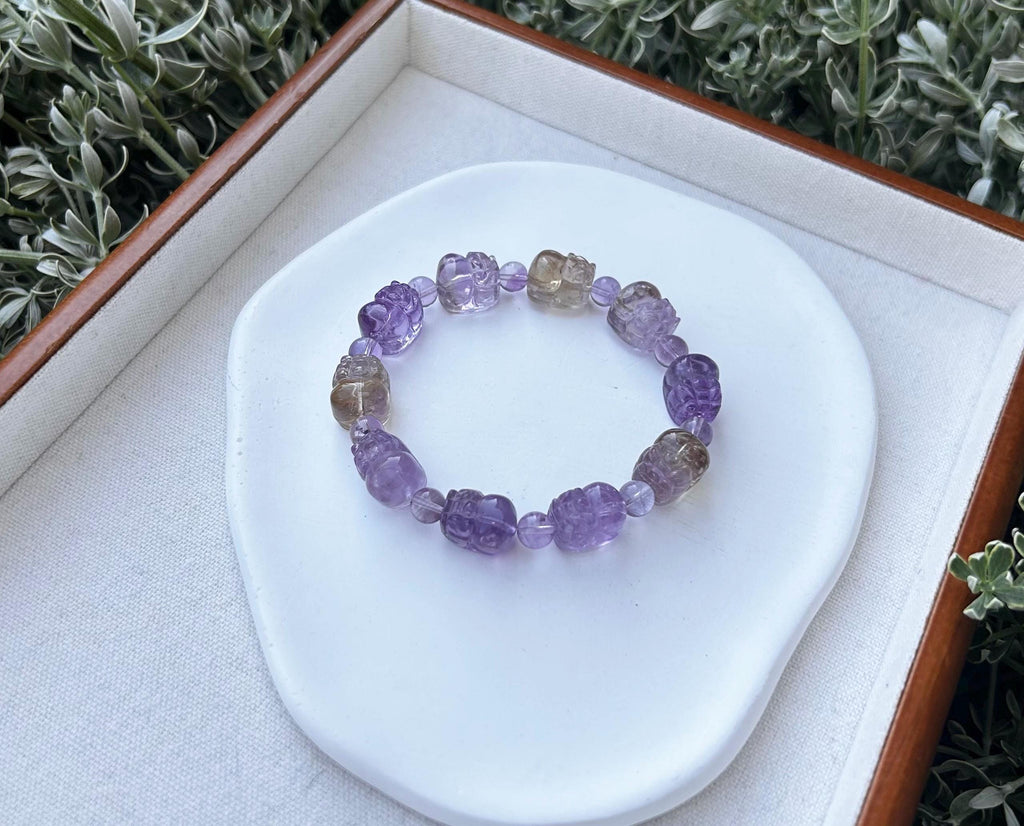 Purple and Yellow Citrine PiXiu Bracelet: Natural Crystal Carved Beads  (GH-021)