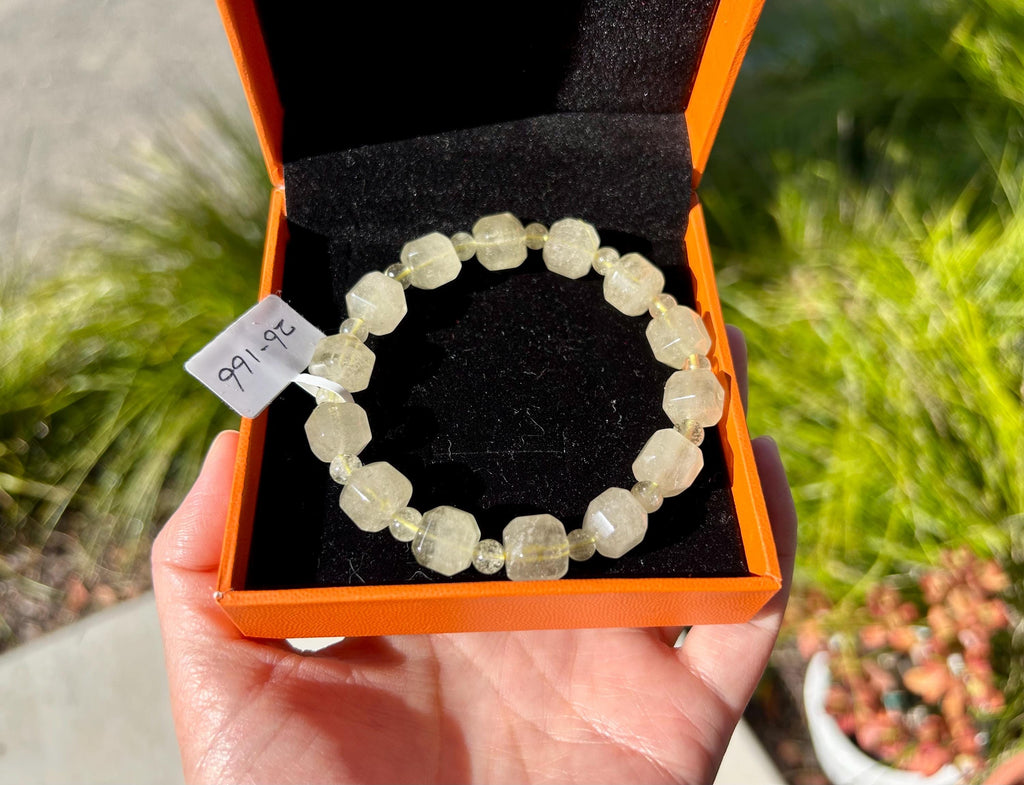 Healing Crystal, Gold Libyan Desert Glass square beads Bracelet: Tektite Beads, about 10mm beads, Fits up to 17.3cm wrist (26-166)