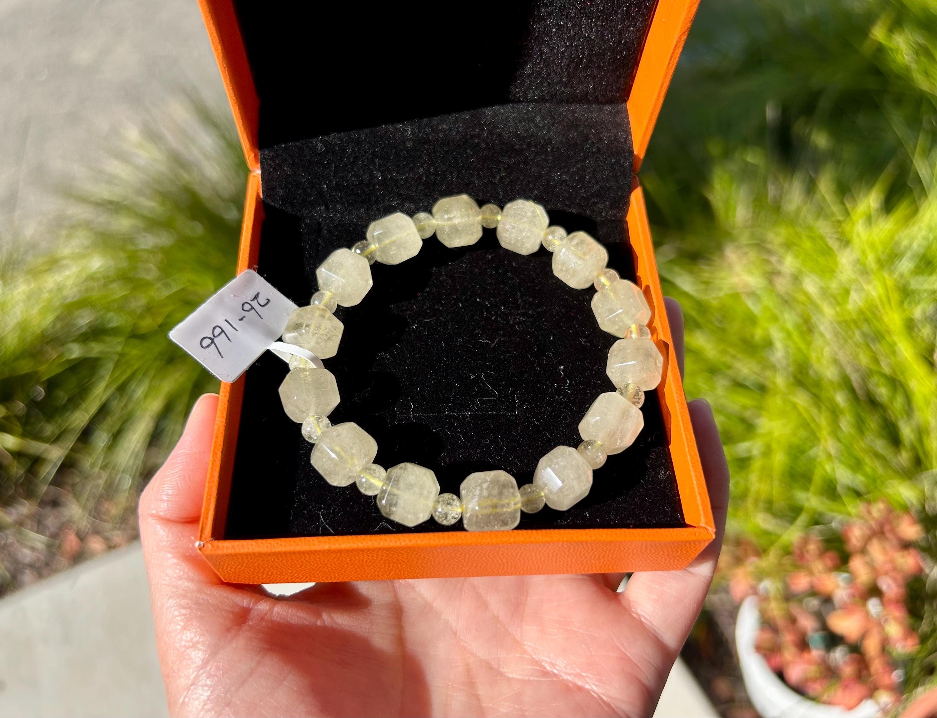 Healing Crystal, Gold Libyan Desert Glass square beads Bracelet: Tektite Beads, about 10mm beads, Fits up to 17.3cm wrist (26-166)