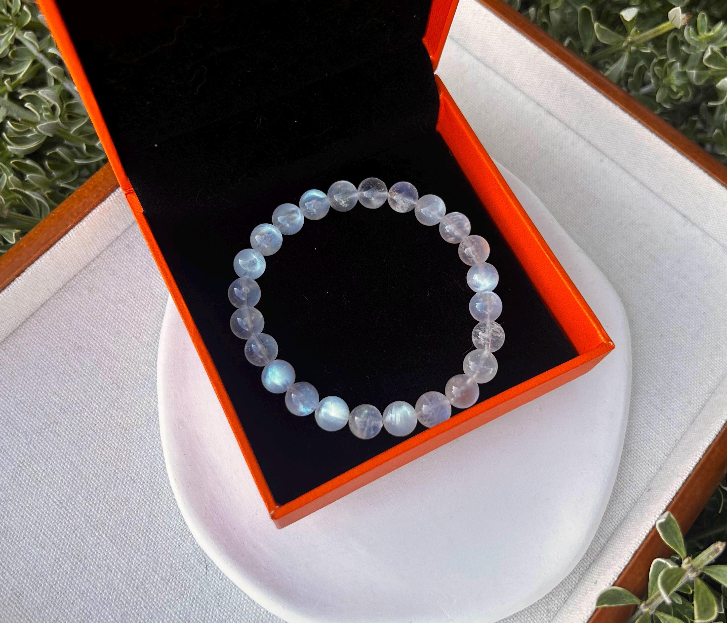 Natural Moonstone Crystal Bracelet: Blue Light Gemstone, 8mm Beads, (25-095)