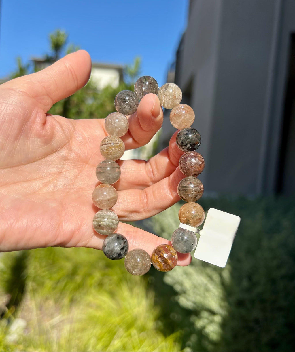 Chunky Layered Phantom Quartz Crystal Bead Bracelet - Rare Gemstone (12mm beads, Fits up to 16.7cm wrist (26-142)