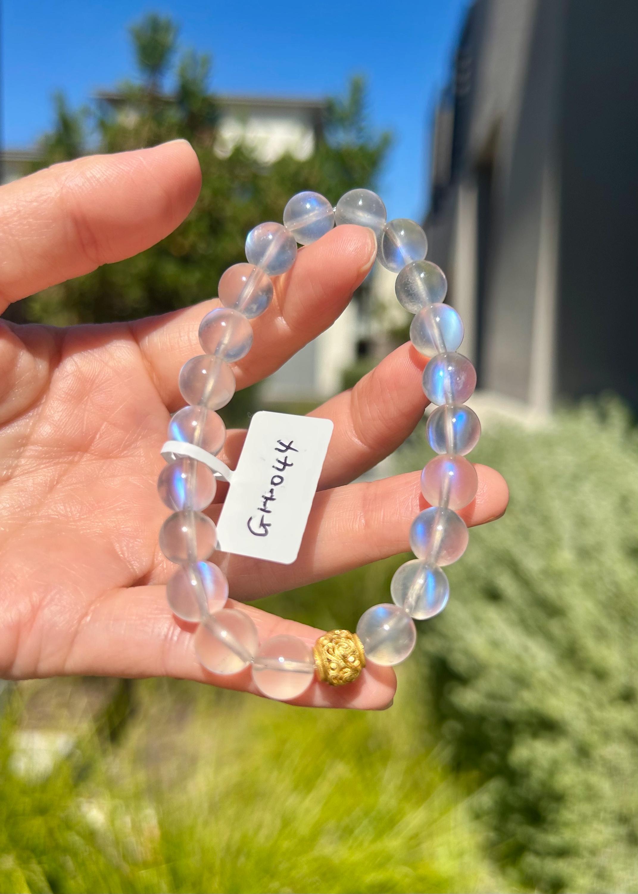 Clean Blue Flashy Natural Moonstone Crystal Bracelet with S925 bead: Blue Light Gemstone, 9mm Beads, fits up to 16.8cm wrist (GH-044)