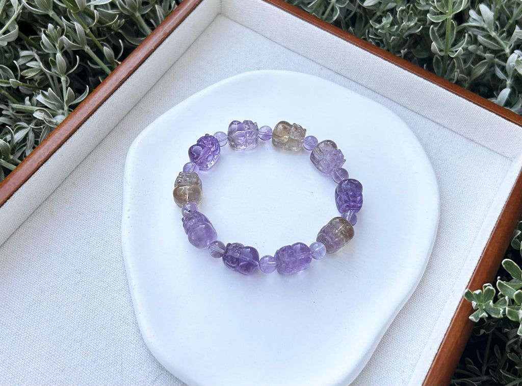 Purple and Yellow Citrine PiXiu Bracelet: Natural Crystal Carved Beads  (GH-021)