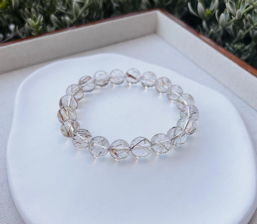 Black Gold Rutilated Quartz Bead Bracelet: Chunky Stone, 10mm (Fits 17cm Wrist) (25-108)