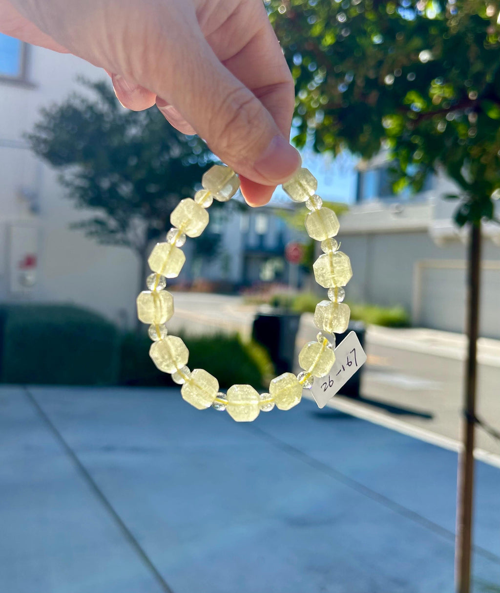 Healing Crystal, Gold Libyan Desert Glass square beads Bracelet: Tektite Beads, about 10mm beads, Fits up to 17cm wrist (26-167)
