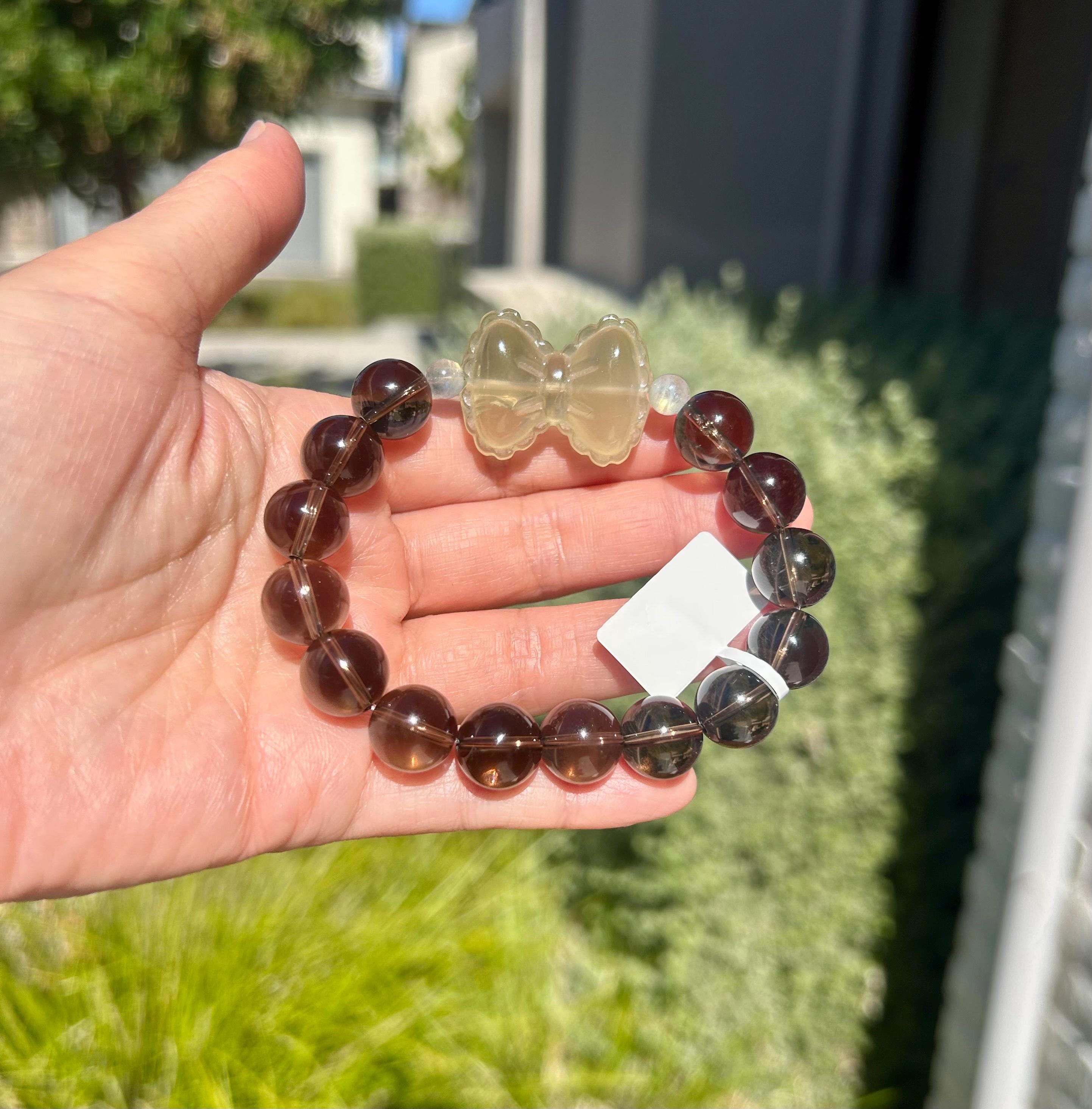 Chunky Natural Smoky Quartz Crystal Bracelet featured with a crystal bow, 12mm smoky beads, Fits up to 16.8cm wrist (26-153)