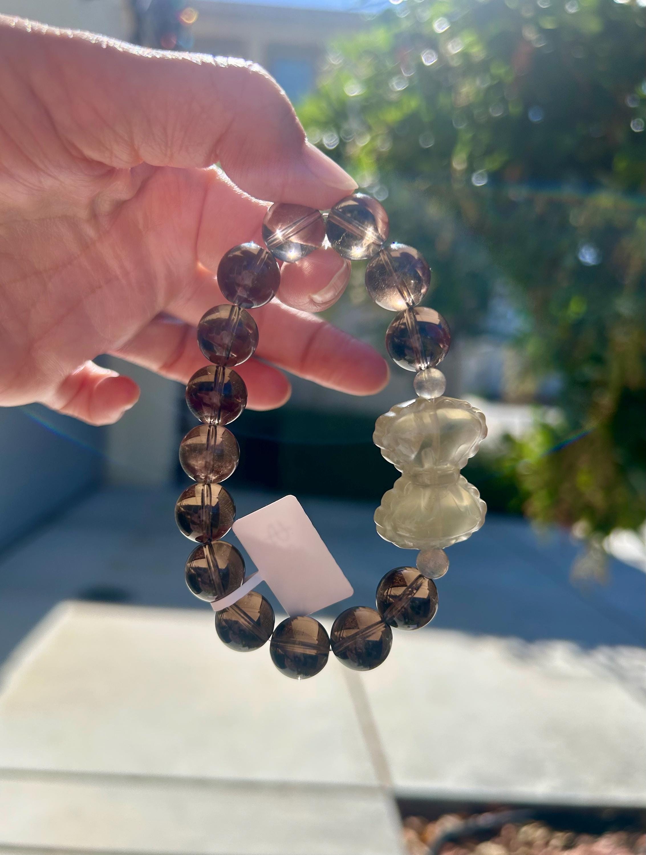 Chunky Natural Smoky Quartz Crystal Bracelet featured with a crystal bow, 12mm smoky beads, Fits up to 16.8cm wrist (26-153)