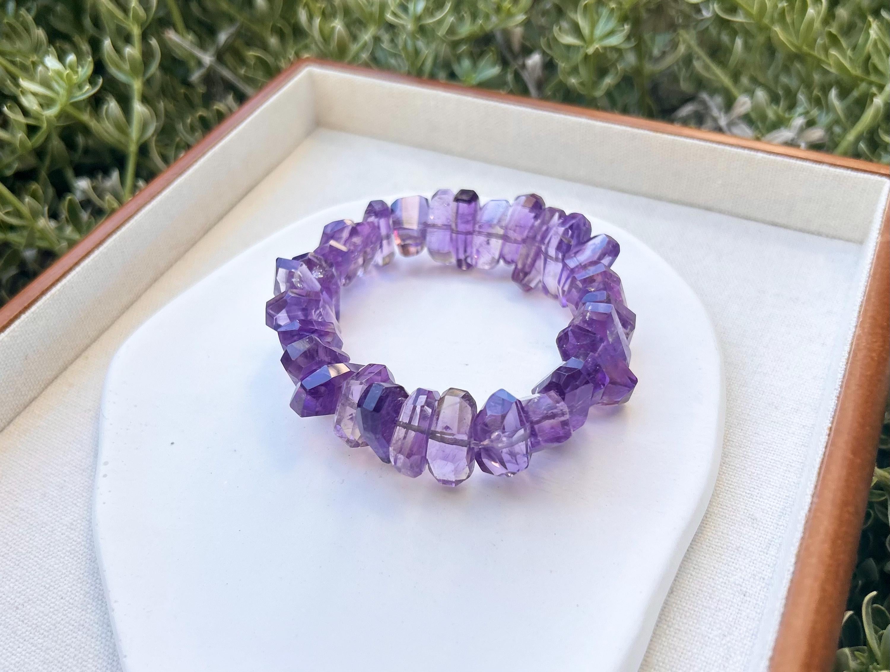 Faceted Amethyst Crystal Bead Bracelet: Stretchy Gemstone Jewelry, Fits up to 17cm wrist (GH-015)