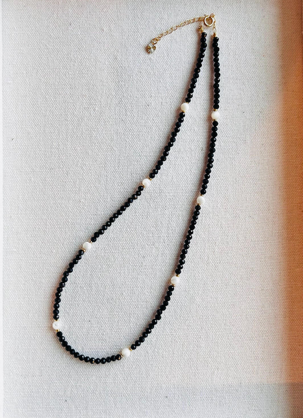 Black Spinel necklace with Gold and shell beads, August Birthstone (26-044)