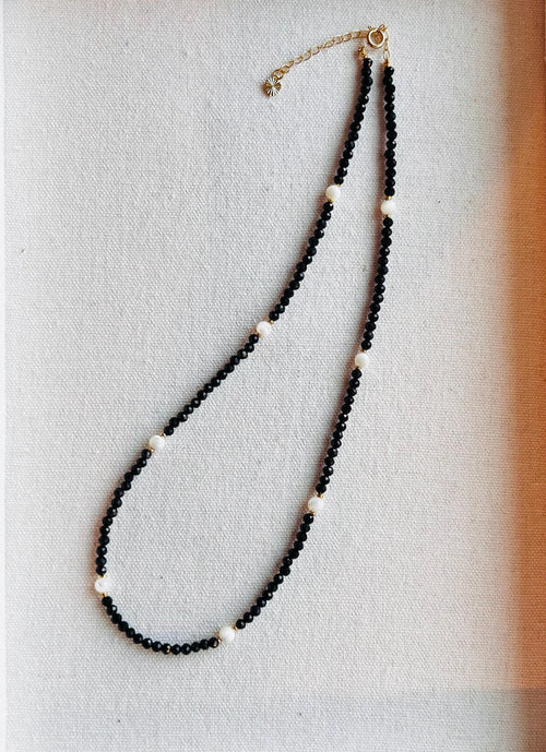 Black Spinel necklace with Gold and shell beads, August Birthstone (26-044)