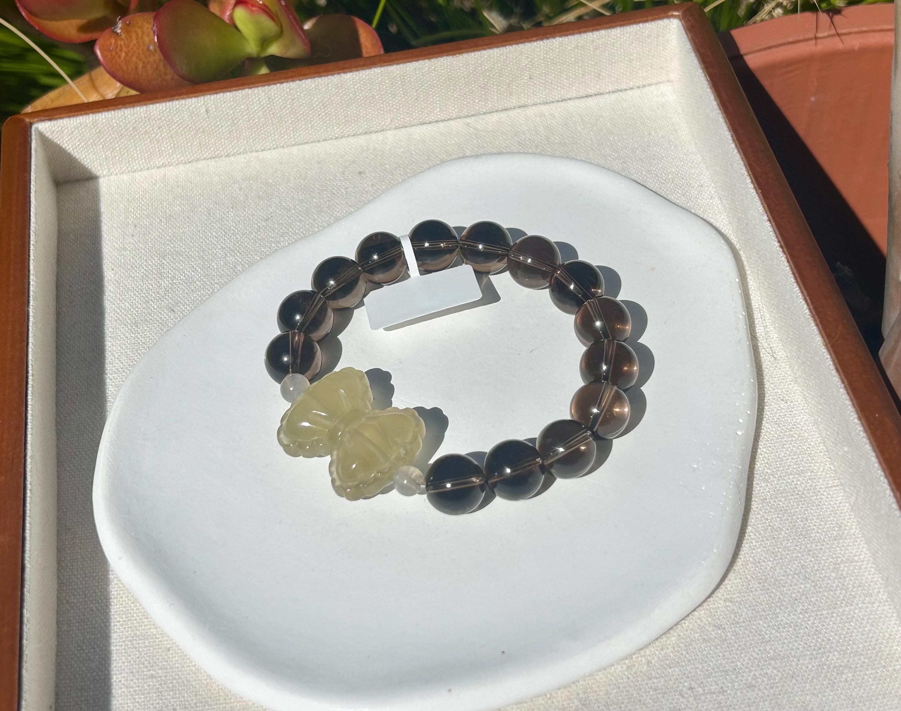 Chunky Natural Smoky Quartz Crystal Bracelet featured with a crystal bow, 12mm smoky beads, Fits up to 16.8cm wrist (26-153)